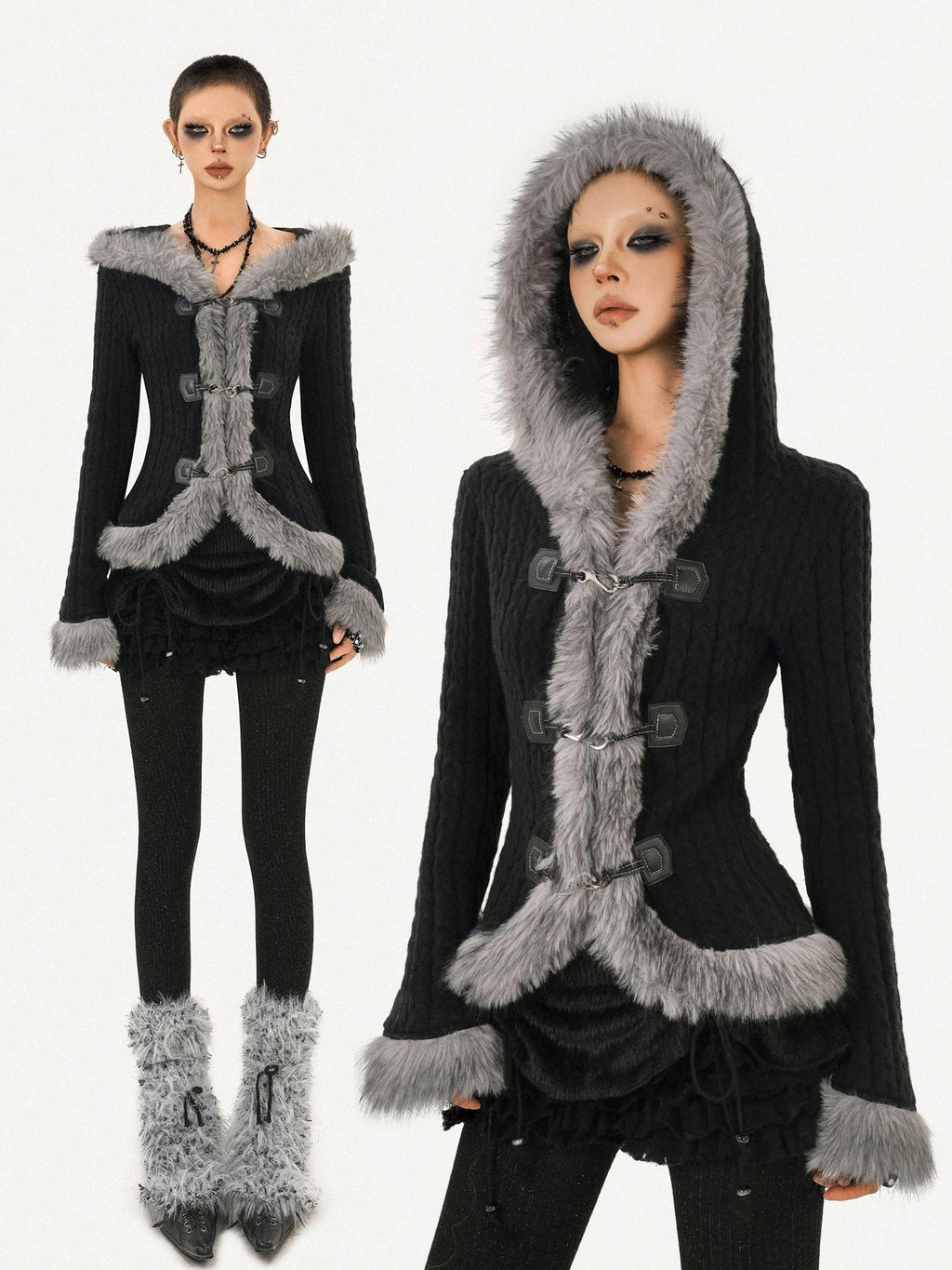 Nico Molly Cozy Warm Vintage Slim Fit Hooded Bell Sleeve Short Black Buttoned Women Jackets