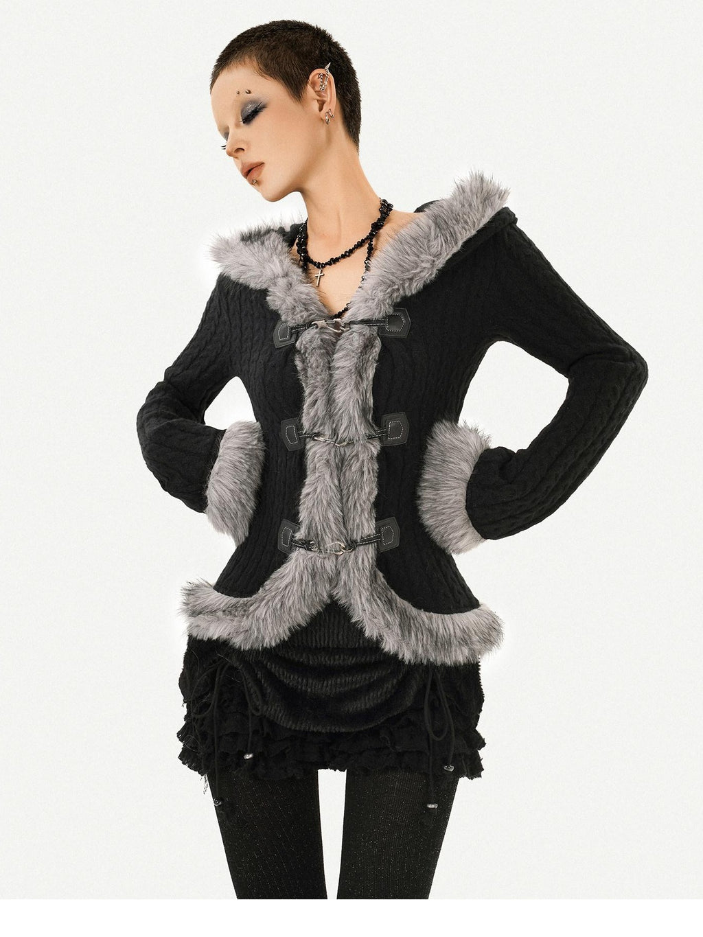 Nico Molly Cozy Warm Vintage Slim Fit Hooded Bell Sleeve Short Black Buttoned Women Jackets