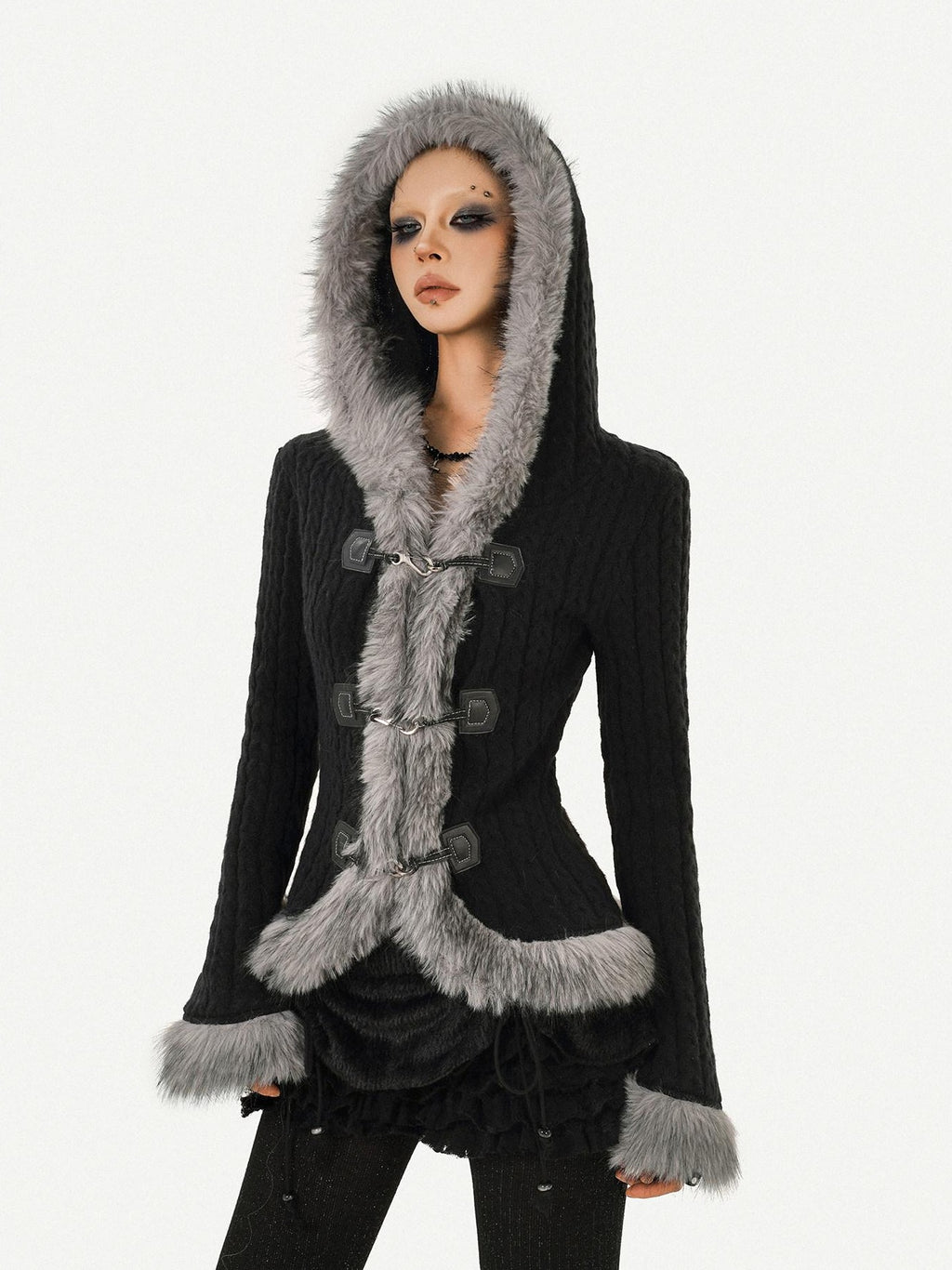 Nico Molly Cozy Warm Vintage Slim Fit Hooded Bell Sleeve Short Black Buttoned Women Jackets
