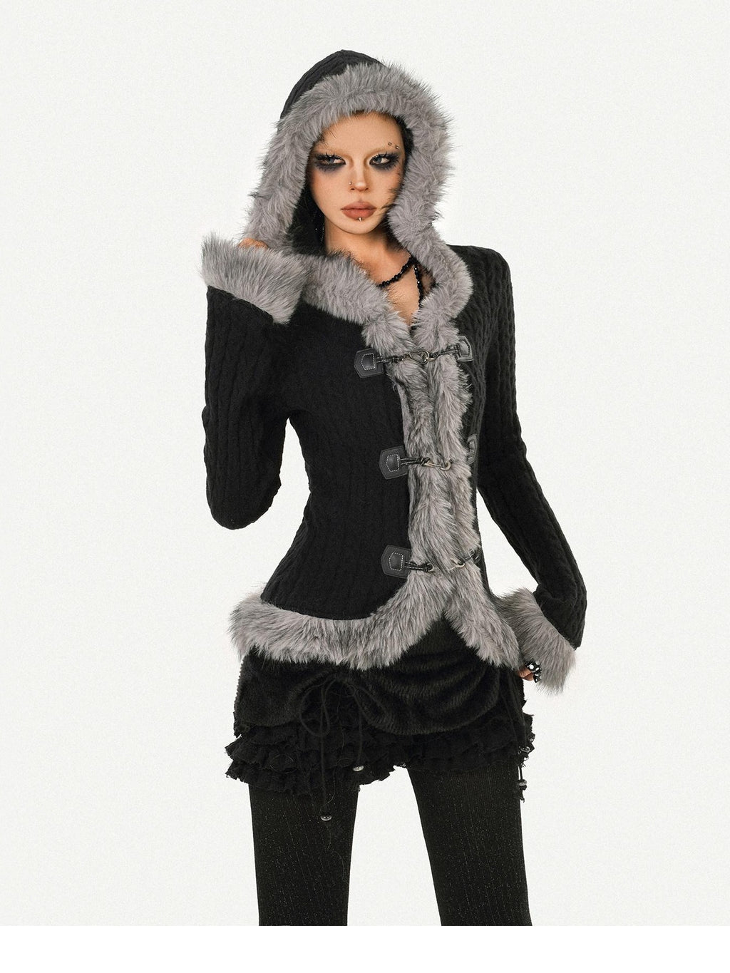 Nico Molly Cozy Warm Vintage Slim Fit Hooded Bell Sleeve Short Black Buttoned Women Jackets