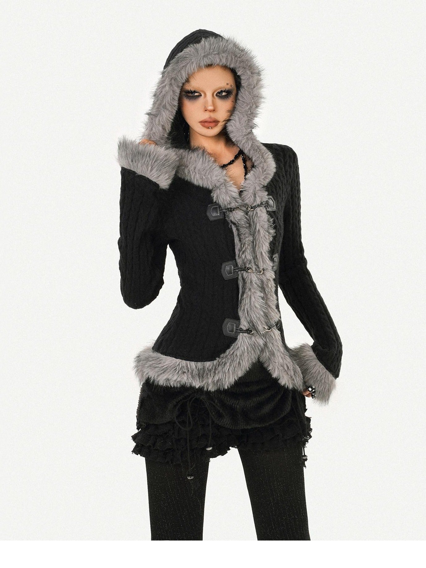 Nico Molly Cozy Warm Vintage Slim Fit Hooded Bell Sleeve Short Black Buttoned Women Jackets