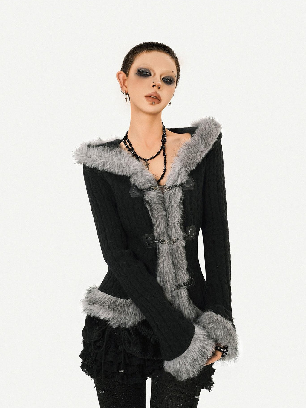 Nico Molly Cozy Warm Vintage Slim Fit Hooded Bell Sleeve Short Black Buttoned Women Jackets