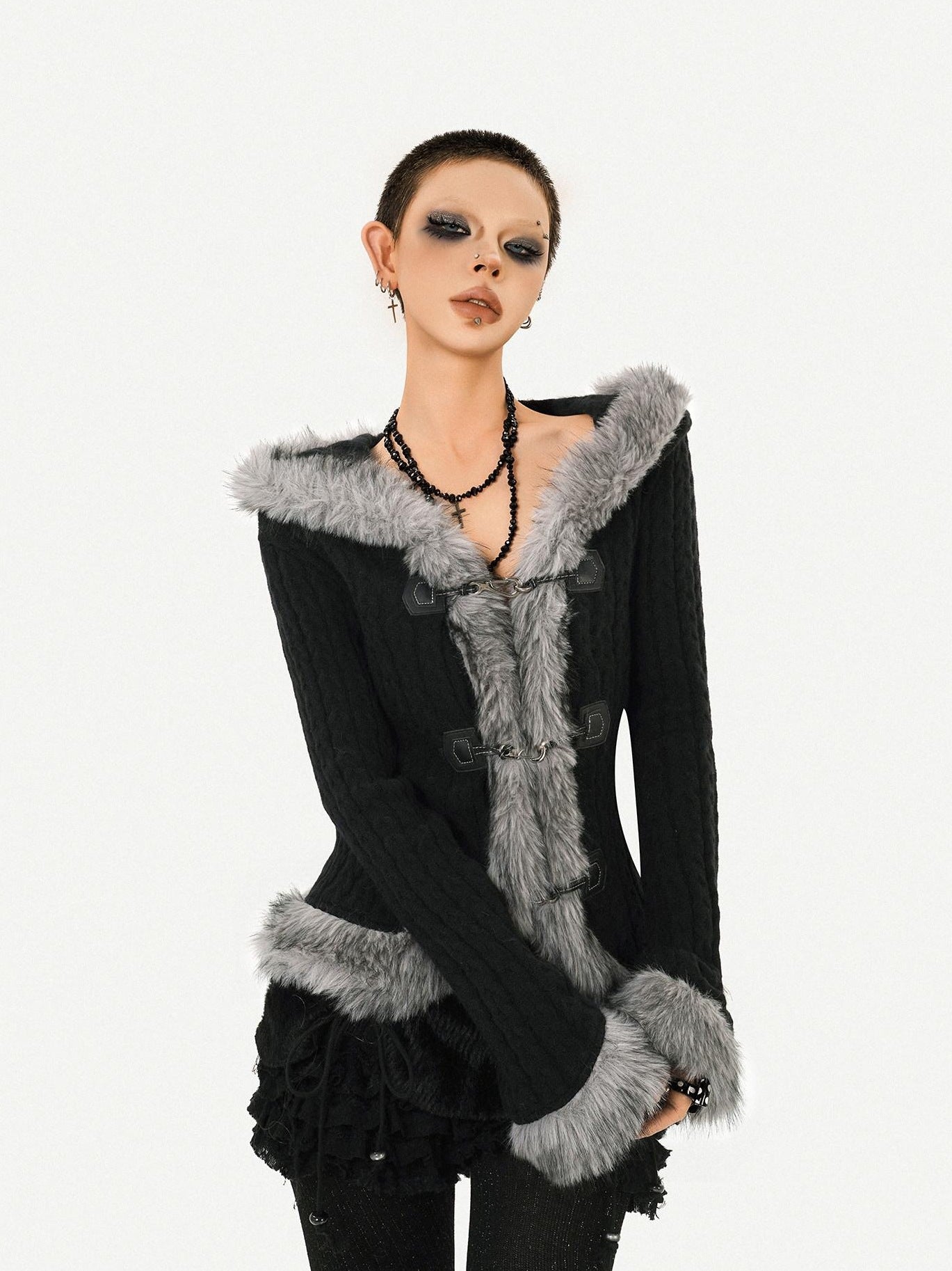 Nico Molly Cozy Warm Vintage Slim Fit Hooded Bell Sleeve Short Black Buttoned Women Jackets