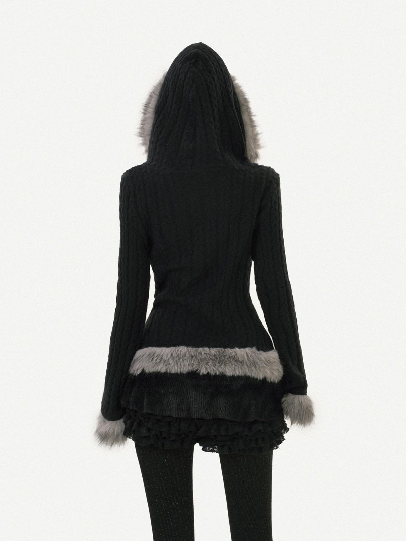 Nico Molly Cozy Warm Vintage Slim Fit Hooded Bell Sleeve Short Black Buttoned Women Jackets