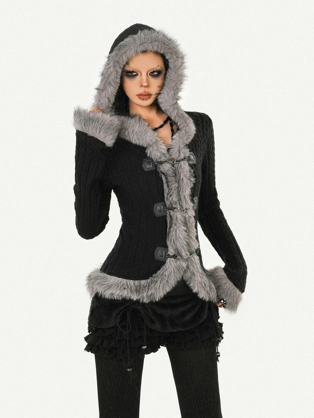 Nico Molly Cozy Warm Vintage Slim Fit Hooded Bell Sleeve Short Black Buttoned Women Jackets