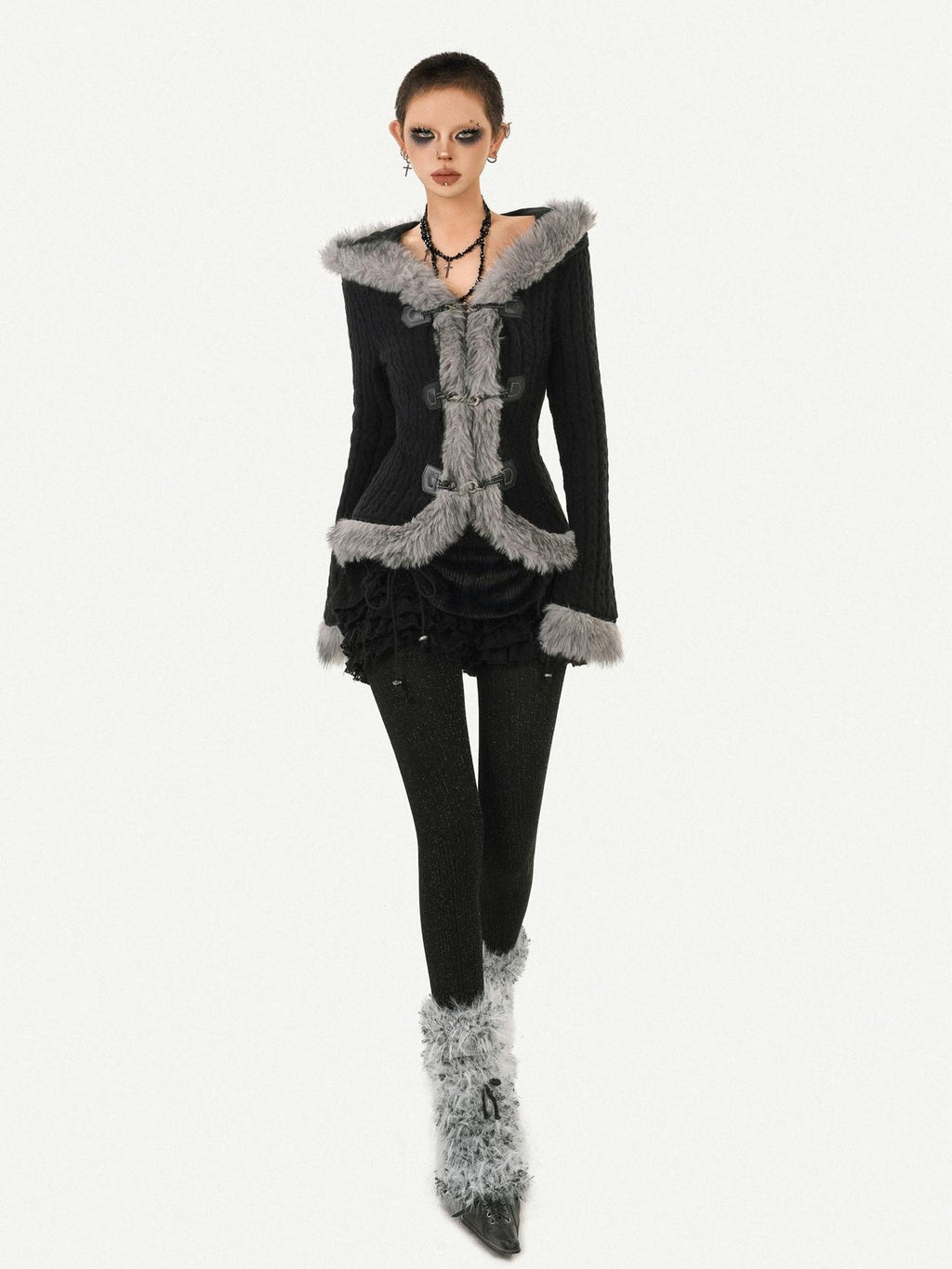 Nico Molly Cozy Warm Vintage Slim Fit Hooded Bell Sleeve Short Black Buttoned Women Jackets
