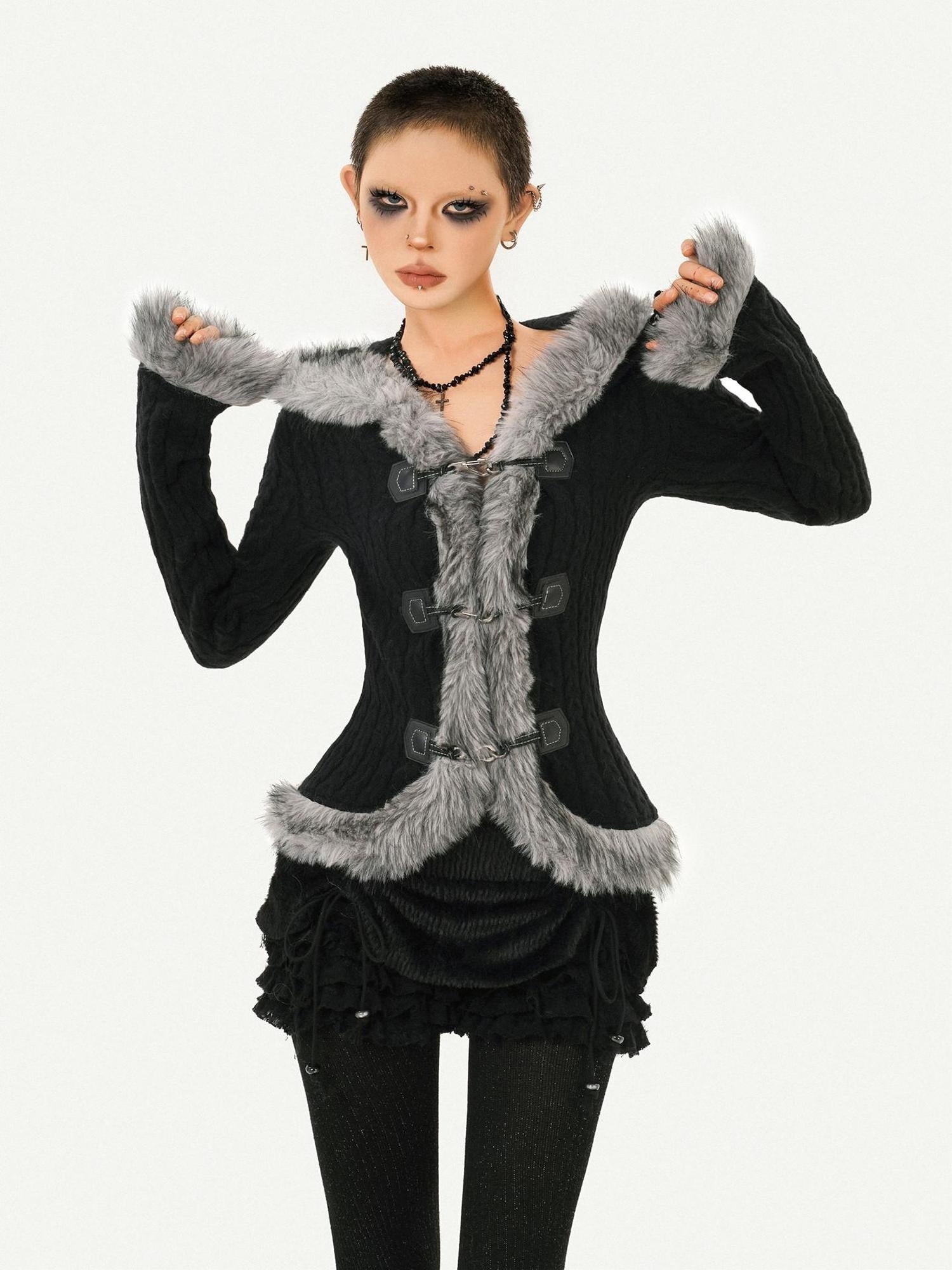 Nico Molly Cozy Warm Vintage Slim Fit Hooded Bell Sleeve Short Black Buttoned Women Jackets