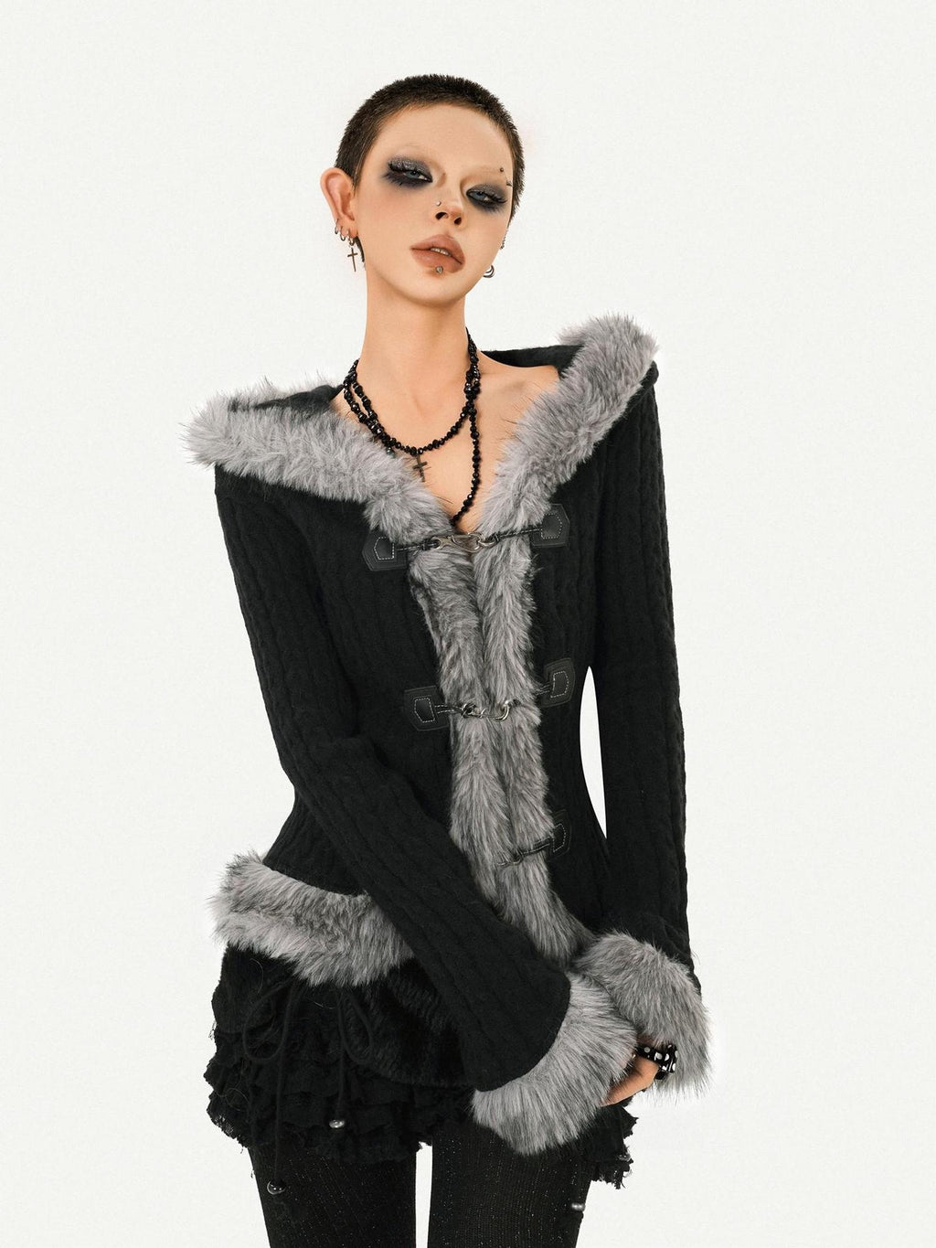 Nico Molly Cozy Warm Vintage Slim Fit Hooded Bell Sleeve Short Black Buttoned Women Jackets