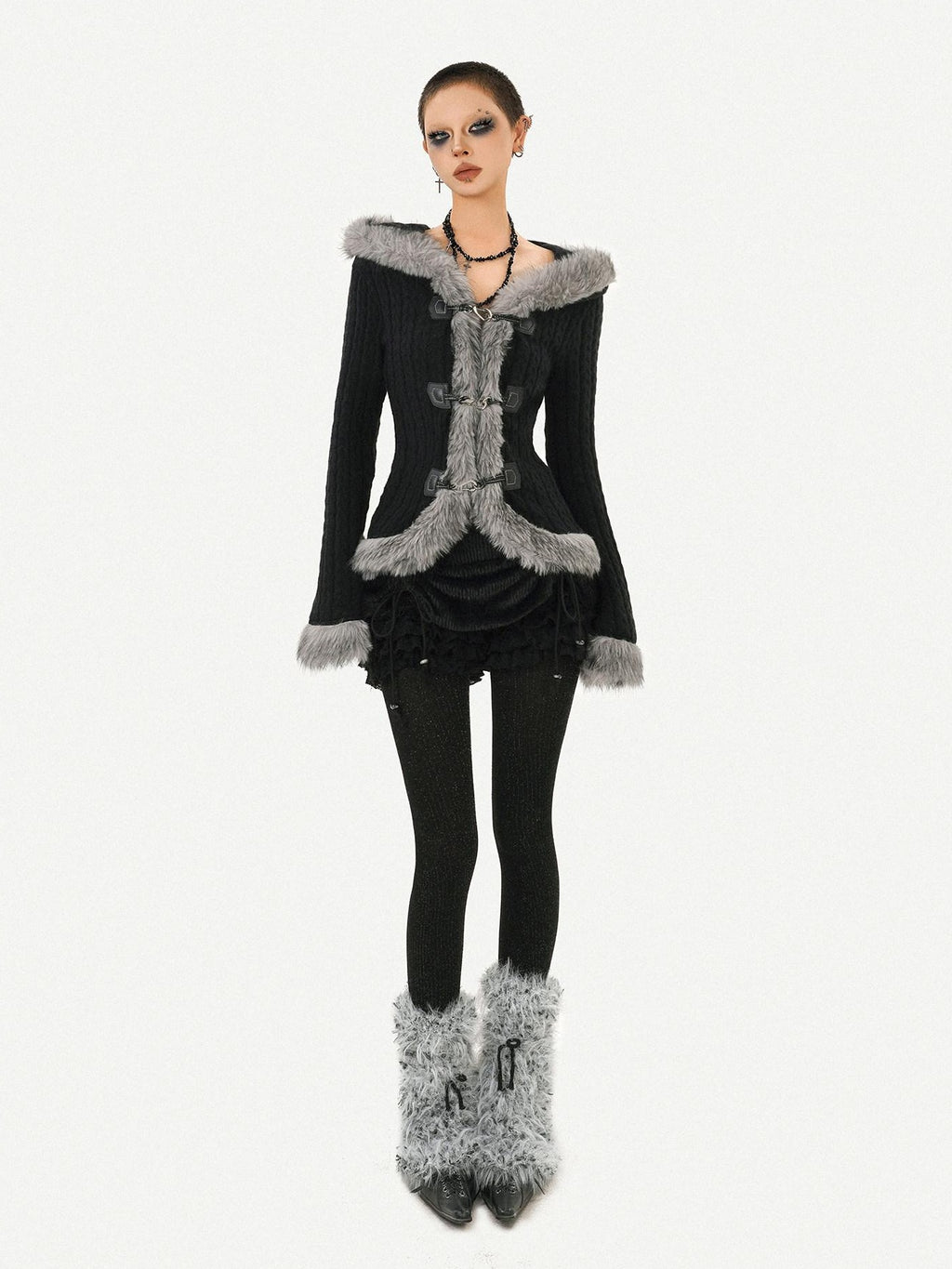 Nico Molly Cozy Warm Vintage Slim Fit Hooded Bell Sleeve Short Black Buttoned Women Jackets