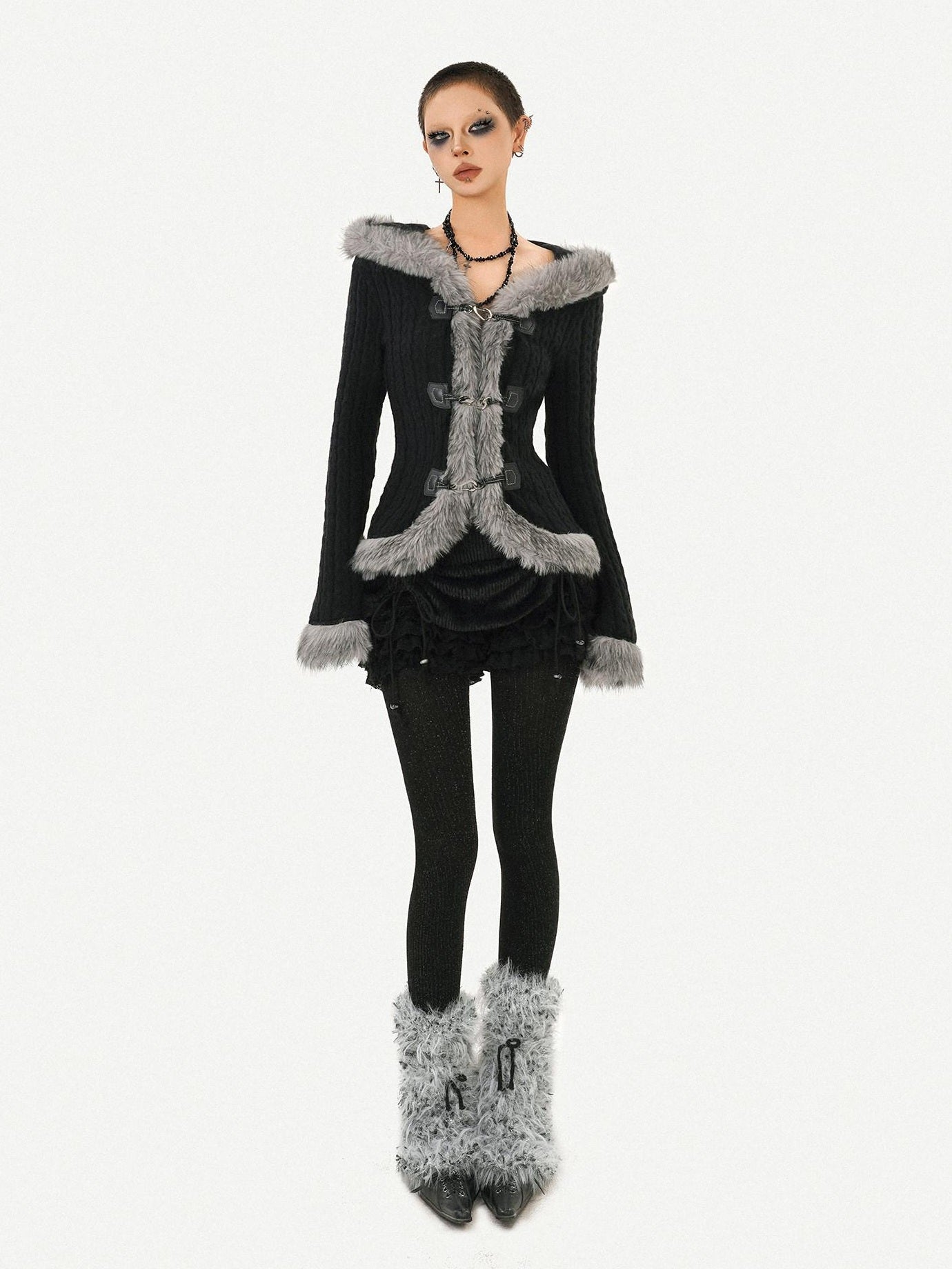 Nico Molly Cozy Warm Vintage Slim Fit Hooded Bell Sleeve Short Black Buttoned Women Jackets