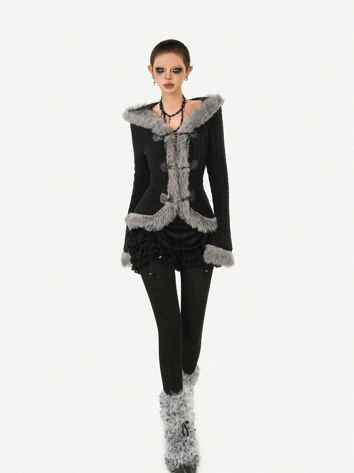 Nico Molly Cozy Warm Vintage Slim Fit Hooded Bell Sleeve Short Black Buttoned Women Jackets