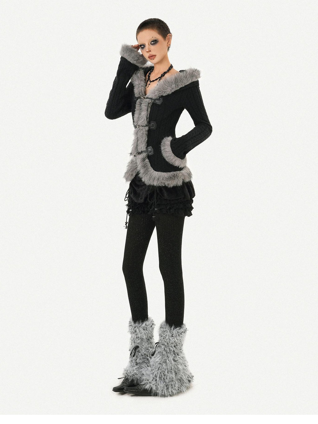 Nico Molly Cozy Warm Vintage Slim Fit Hooded Bell Sleeve Short Black Buttoned Women Jackets