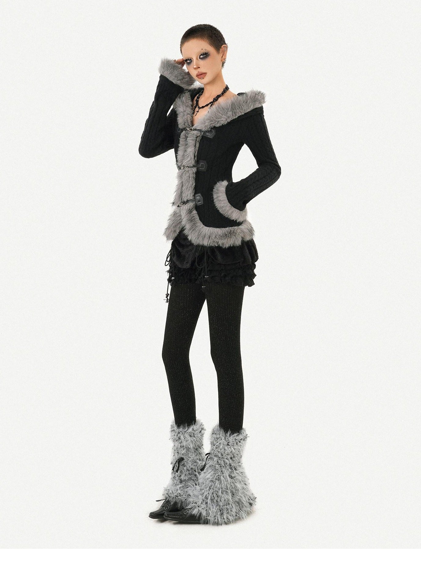 Nico Molly Cozy Warm Vintage Slim Fit Hooded Bell Sleeve Short Black Buttoned Women Jackets