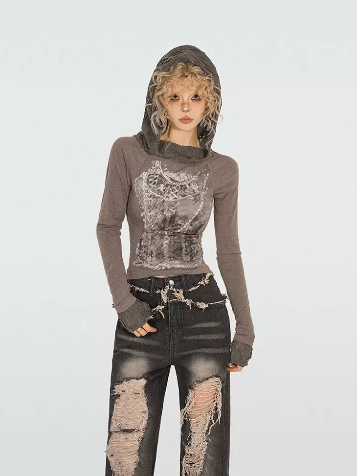 Nico Molly Creative Graphic Print Slim Fit Streetwear Youth Coffee Gray Hoodie