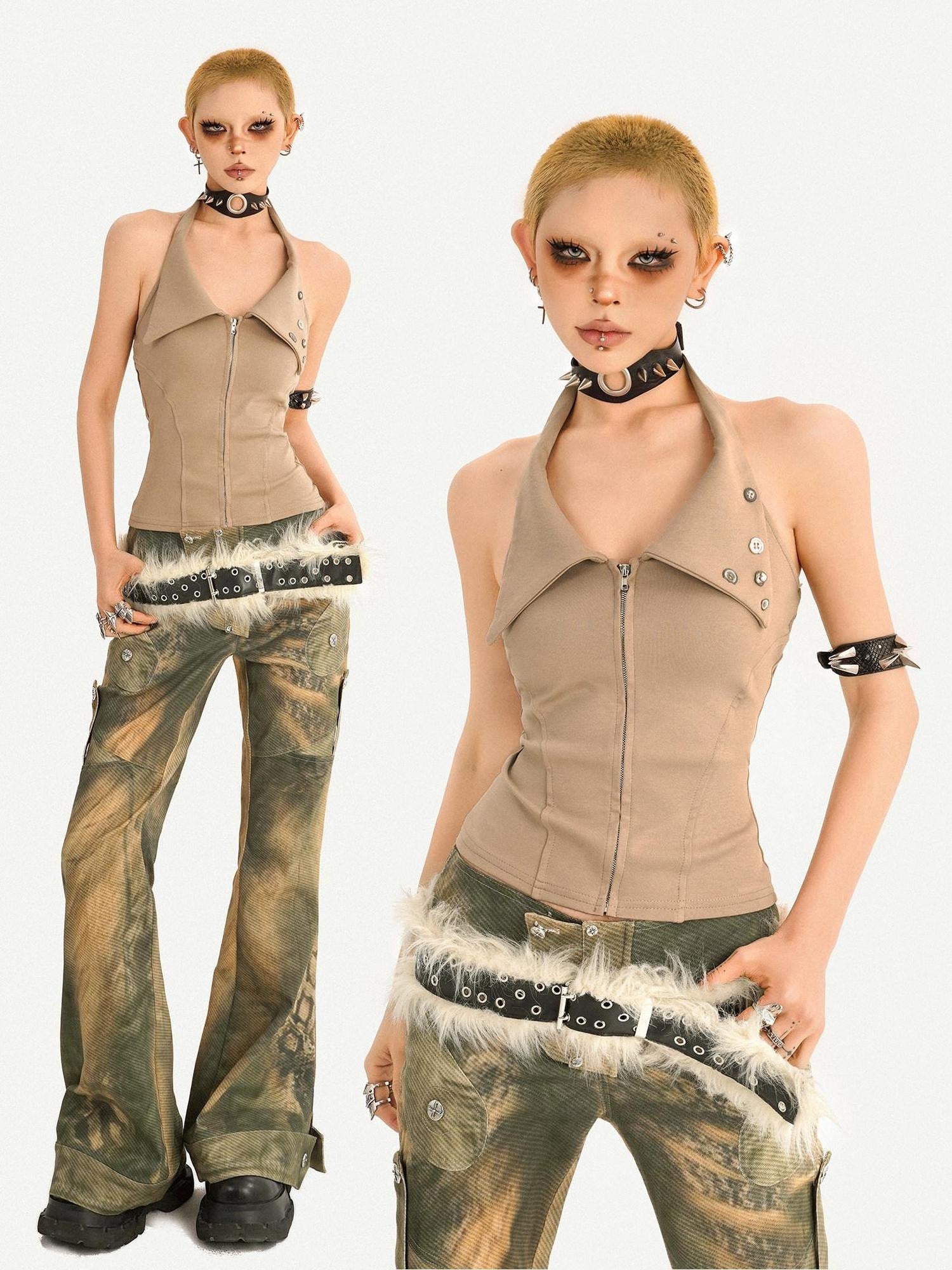 Nico Molly Cropped Zipper Halter Collared Chic For Young Women Graphic Tank Tops