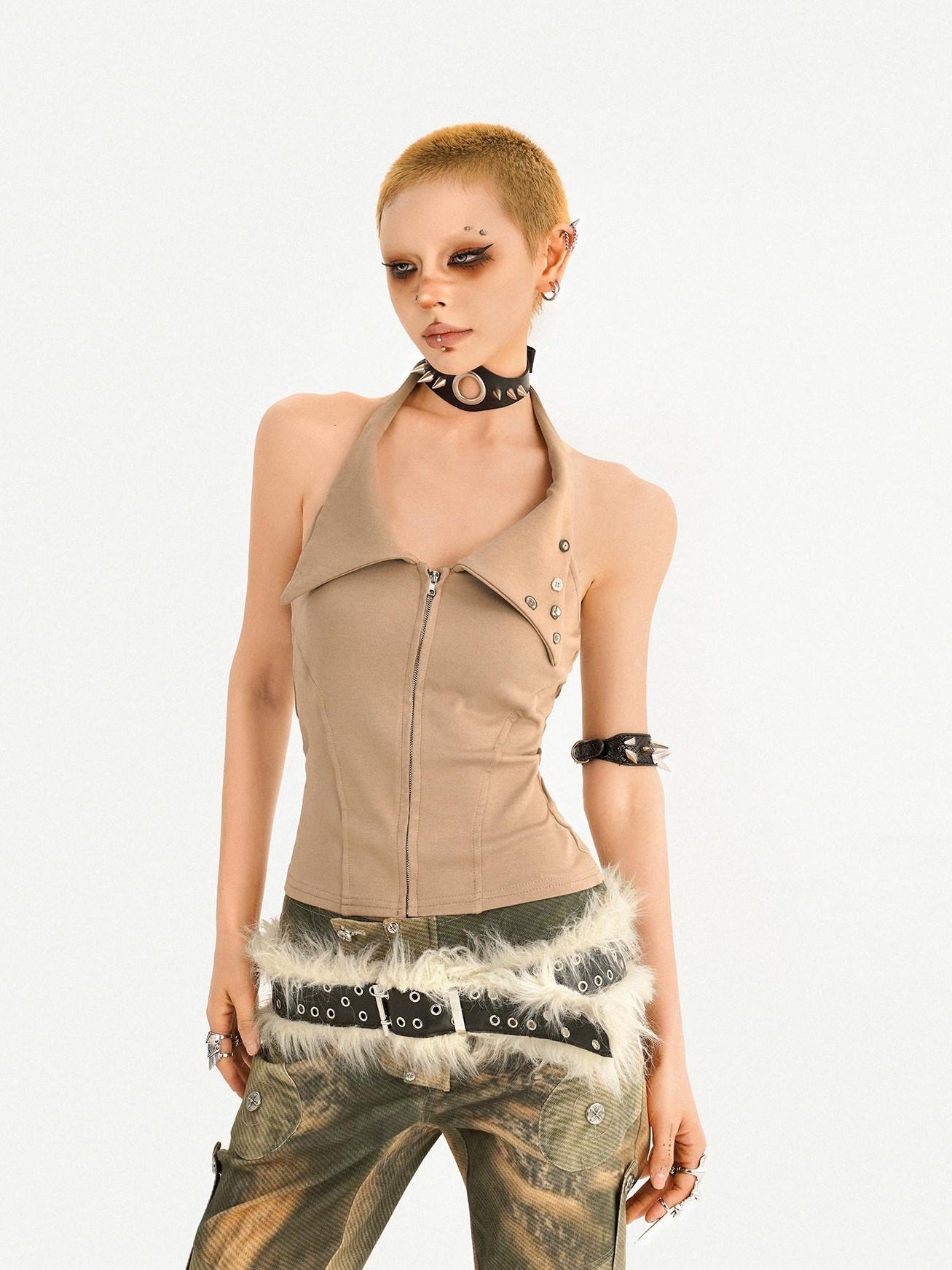 Nico Molly Cropped Zipper Halter Collared Chic For Young Women Graphic Tank Tops