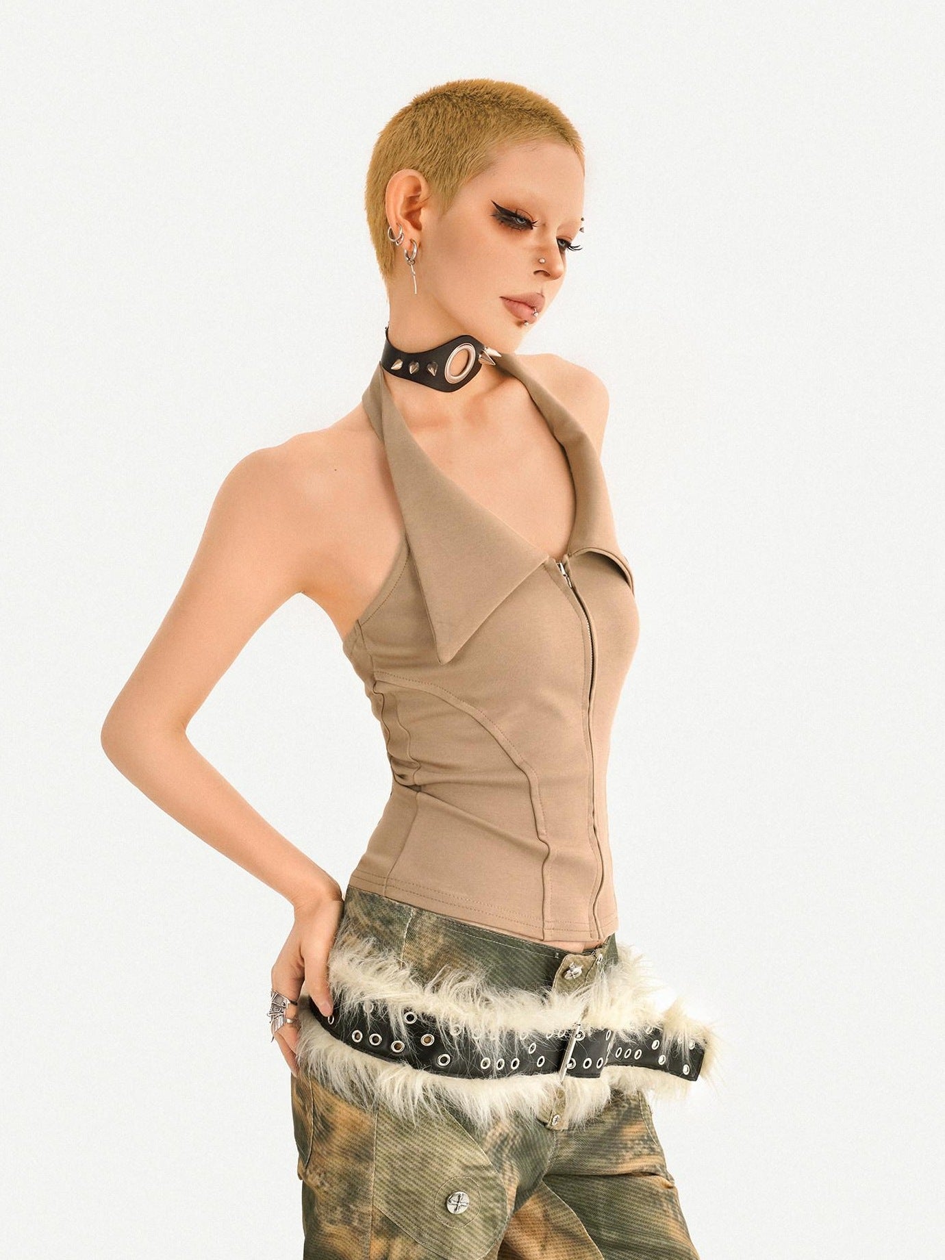 Nico Molly Cropped Zipper Halter Collared Chic For Young Women Graphic Tank Tops