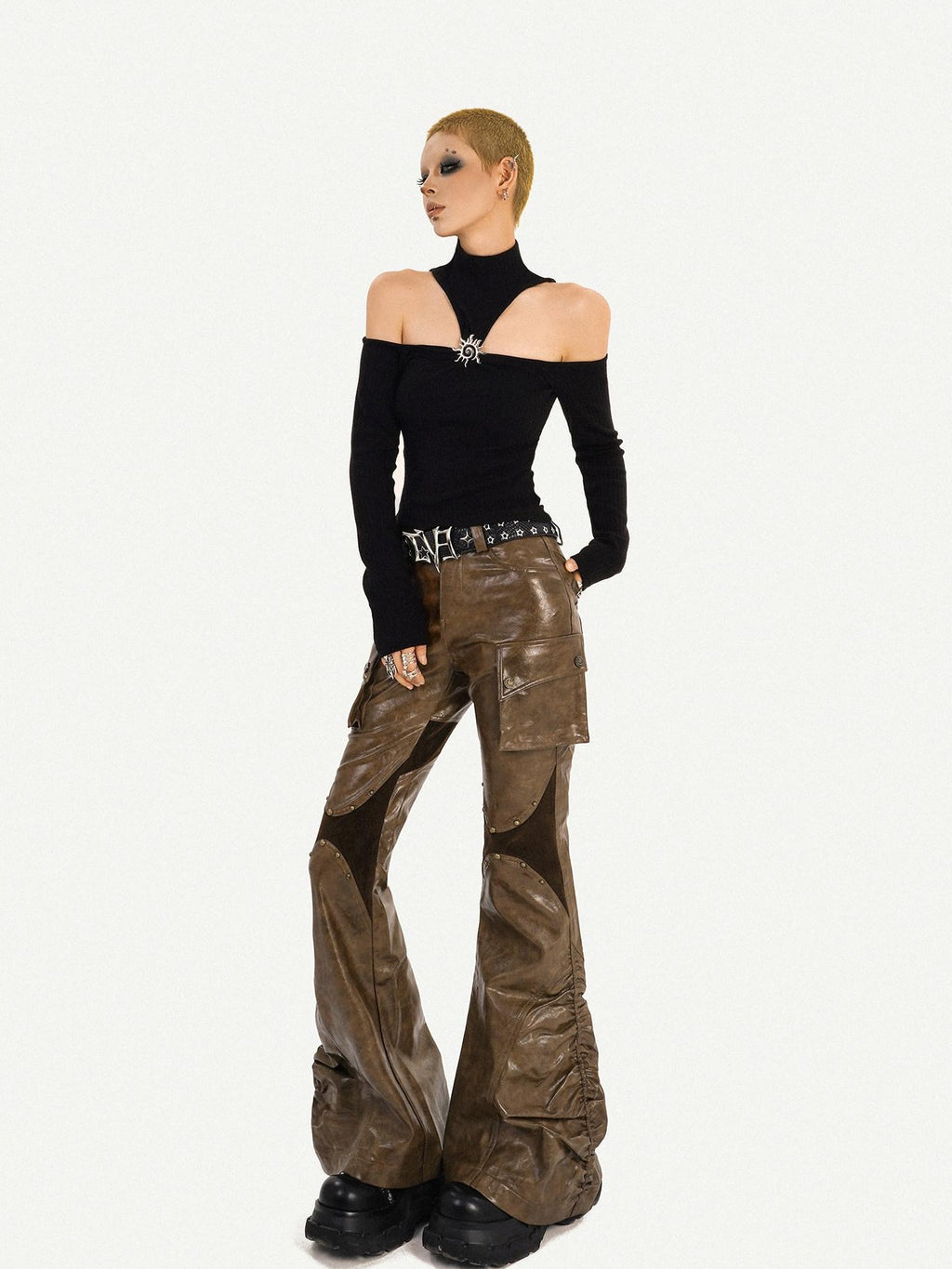 Nico Molly Cutout Metal High Neck Slim Fit Street Style Women Cotton Long Sleeve T-Shirts