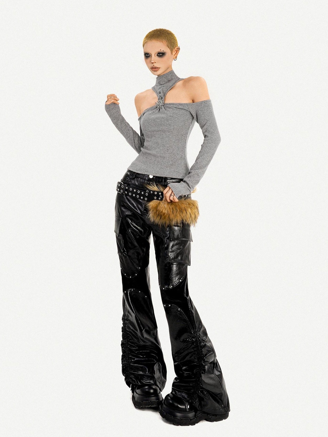 Nico Molly Cutout Metal High Neck Slim Fit Street Style Women Cotton Long Sleeve T-Shirts