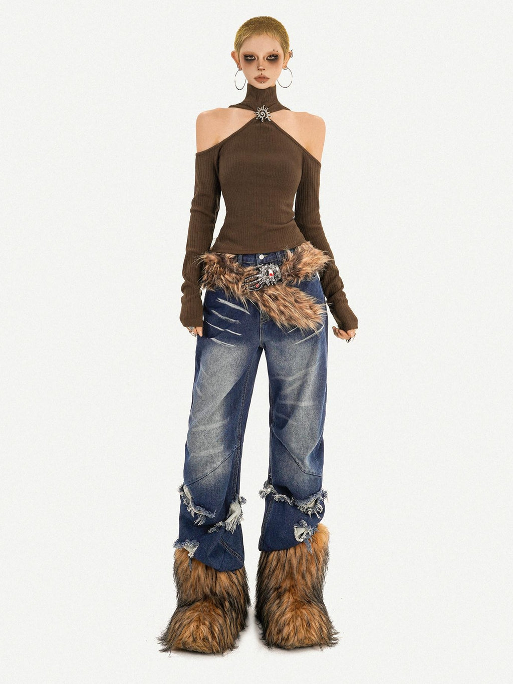 Nico Molly Cutout Metal High Neck Slim Fit Street Style Women Cotton Long Sleeve T-Shirts