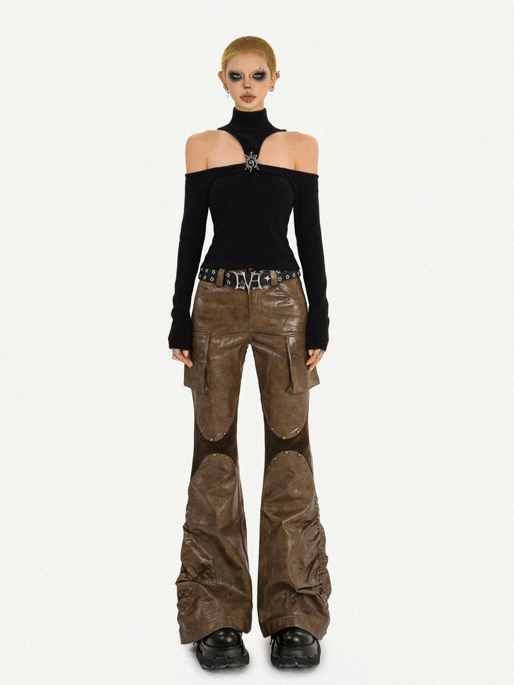 Nico Molly Cutout Metal High Neck Slim Fit Street Style Women Cotton Long Sleeve T-Shirts