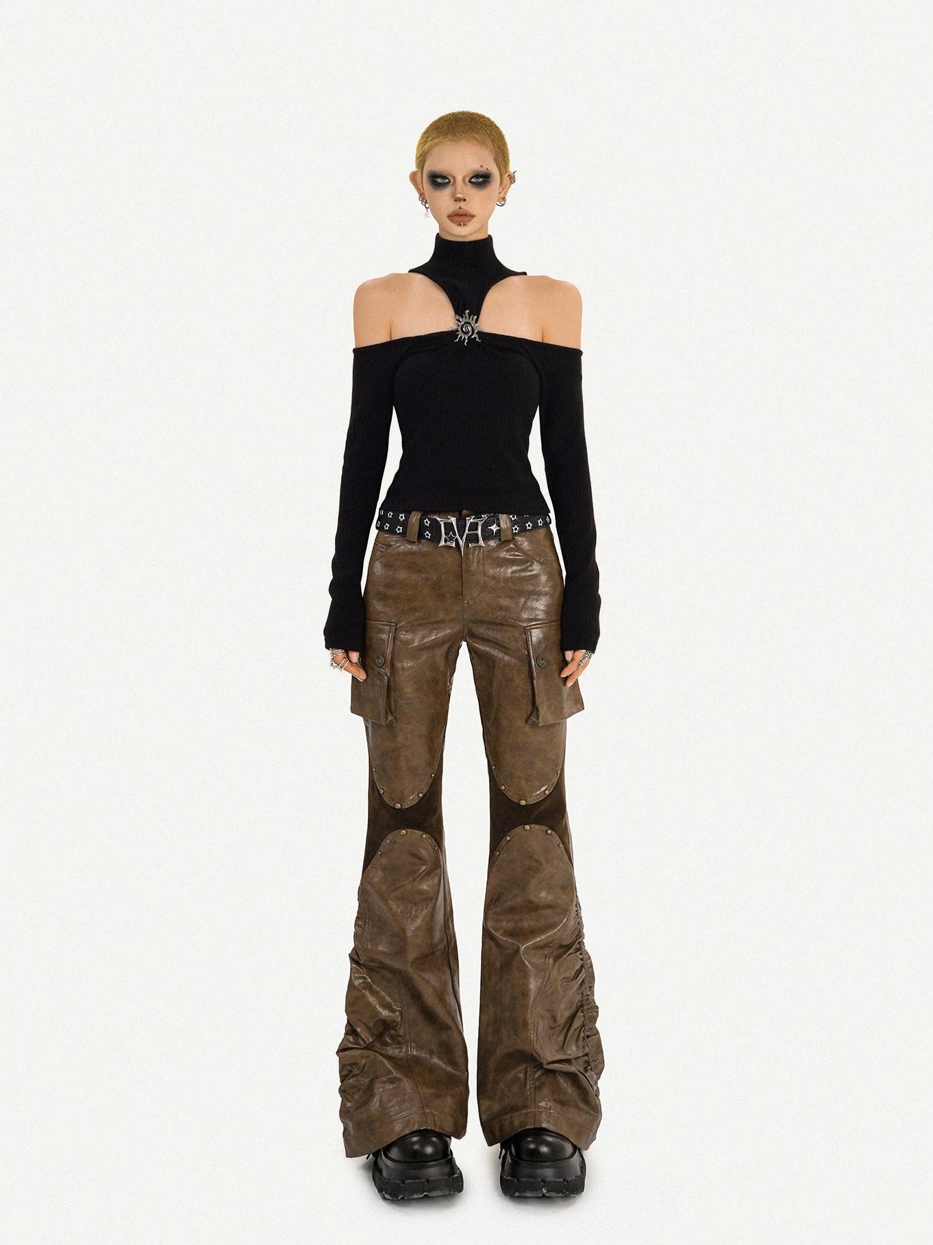Nico Molly Cutout Metal High Neck Slim Fit Street Style Women Cotton Long Sleeve T-Shirts