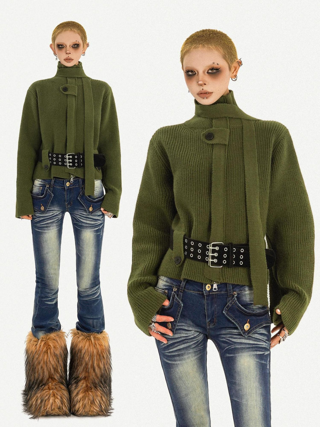 Nico Molly Deep Green Turtleneck Pullover Slim Fit Office Button Front Knit Cardigans