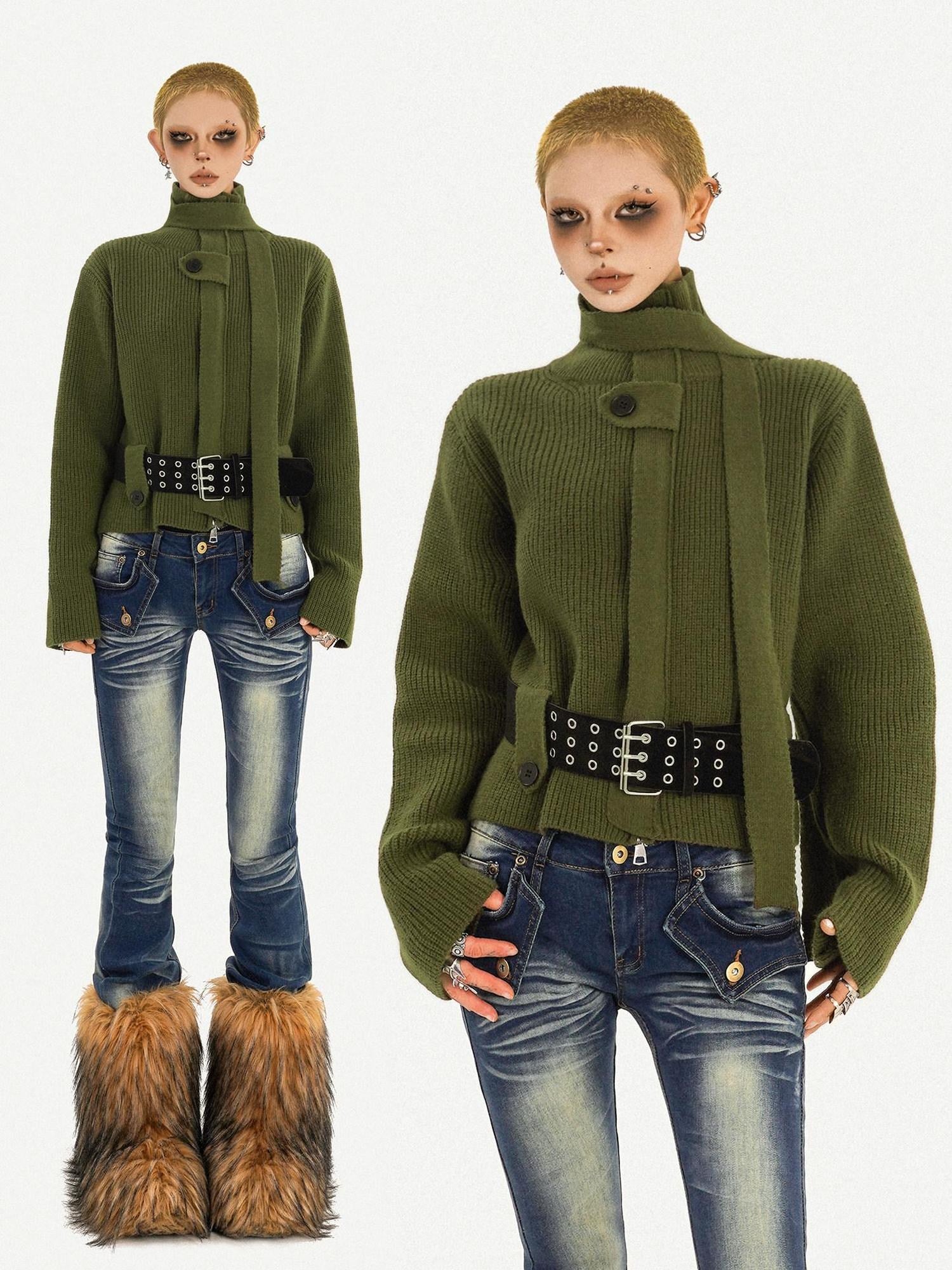 Nico Molly Deep Green Turtleneck Pullover Slim Fit Office Button Front Knit Cardigans