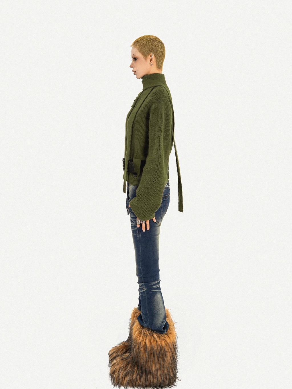 Nico Molly Deep Green Turtleneck Pullover Slim Fit Office Button Front Knit Cardigans