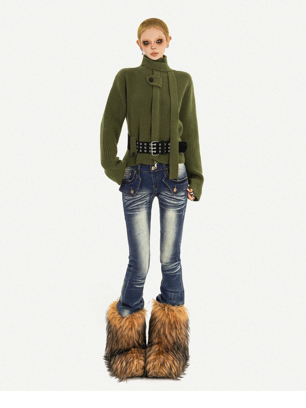 Nico Molly Deep Green Turtleneck Pullover Slim Fit Office Button Front Knit Cardigans
