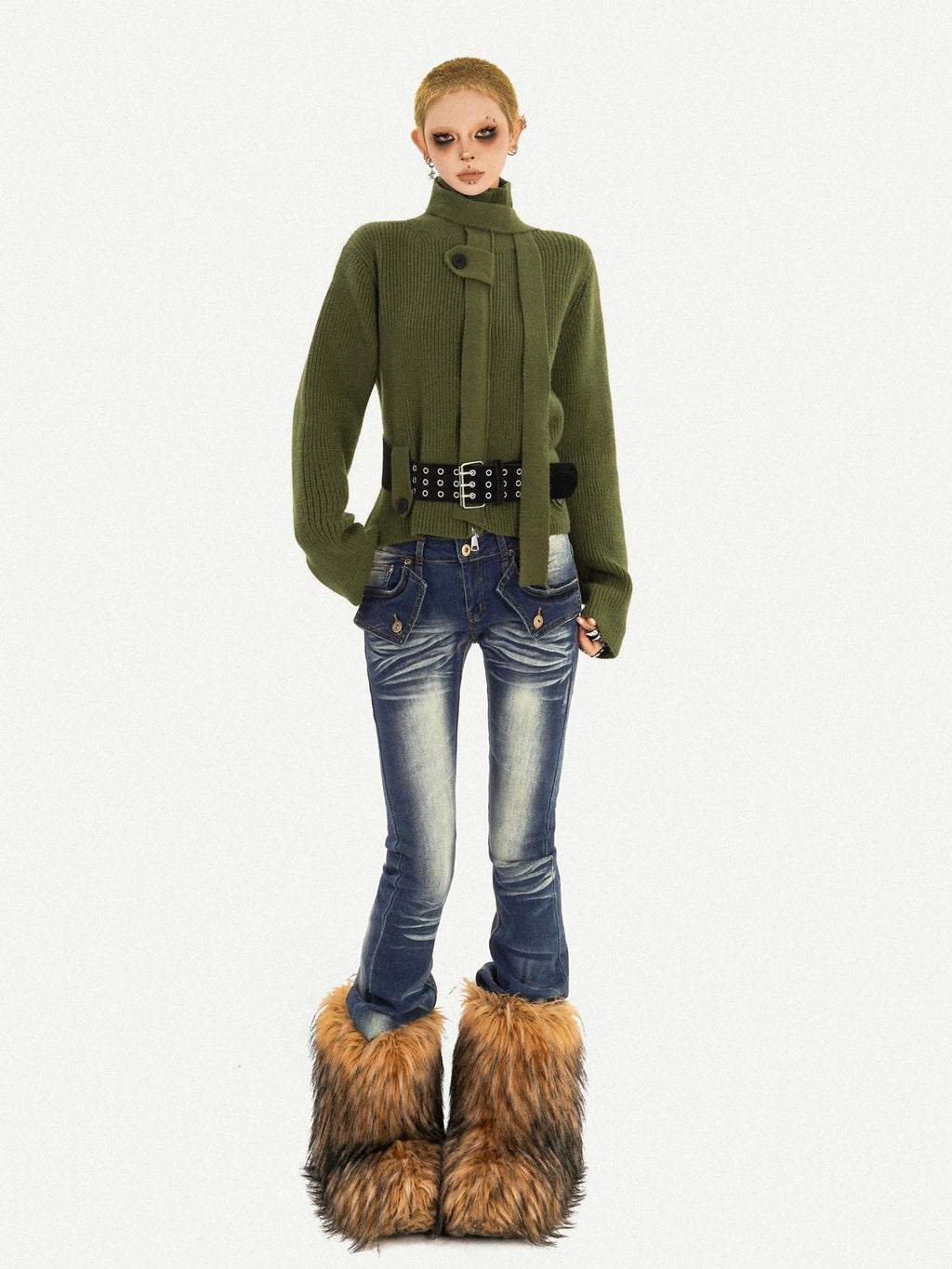 Nico Molly Deep Green Turtleneck Pullover Slim Fit Office Button Front Knit Cardigans