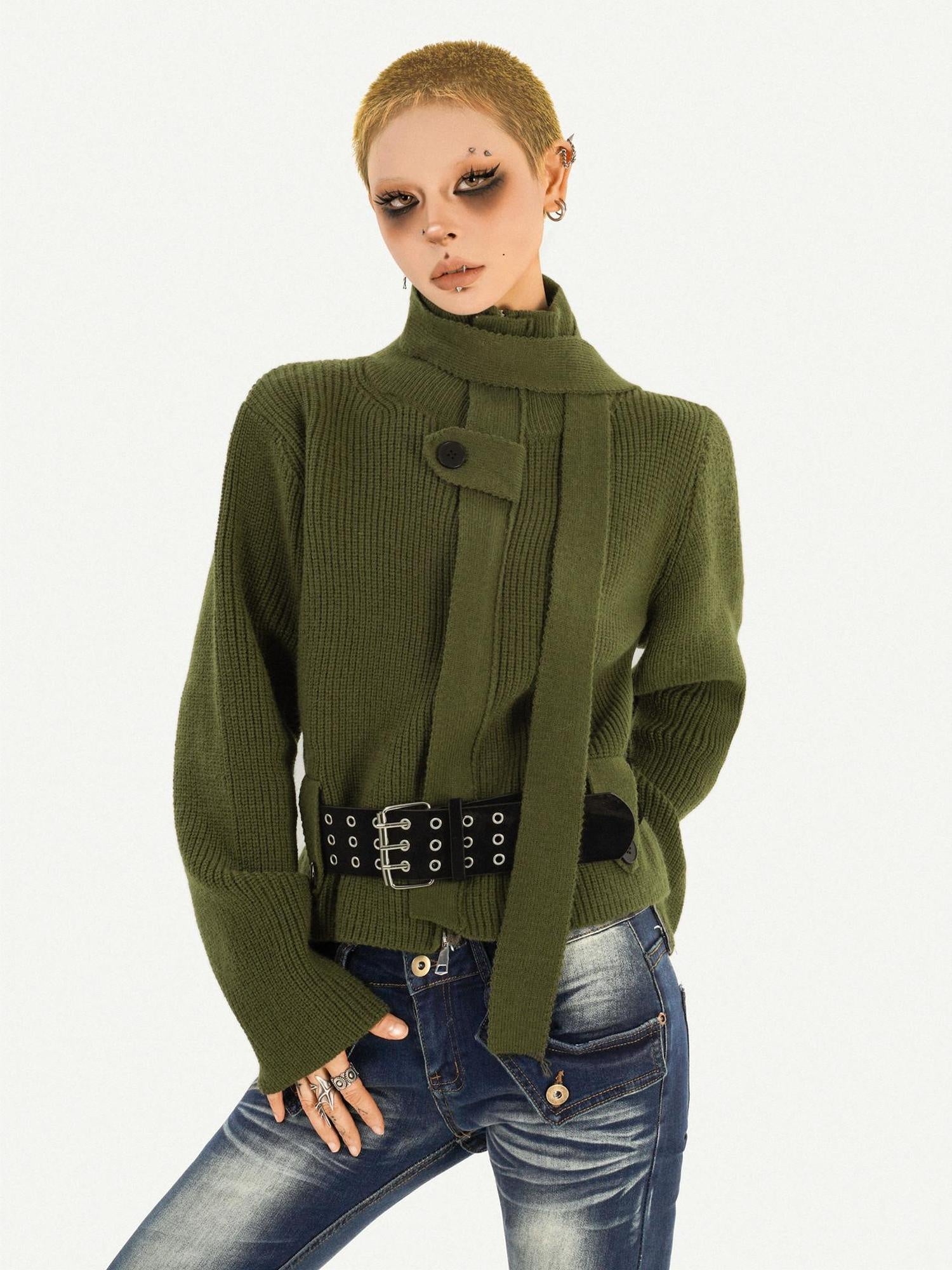 Nico Molly Deep Green Turtleneck Pullover Slim Fit Office Button Front Knit Cardigans
