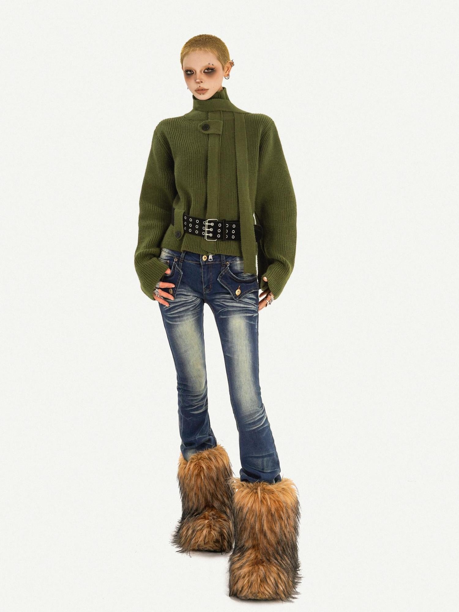 Nico Molly Deep Green Turtleneck Pullover Slim Fit Office Button Front Knit Cardigans