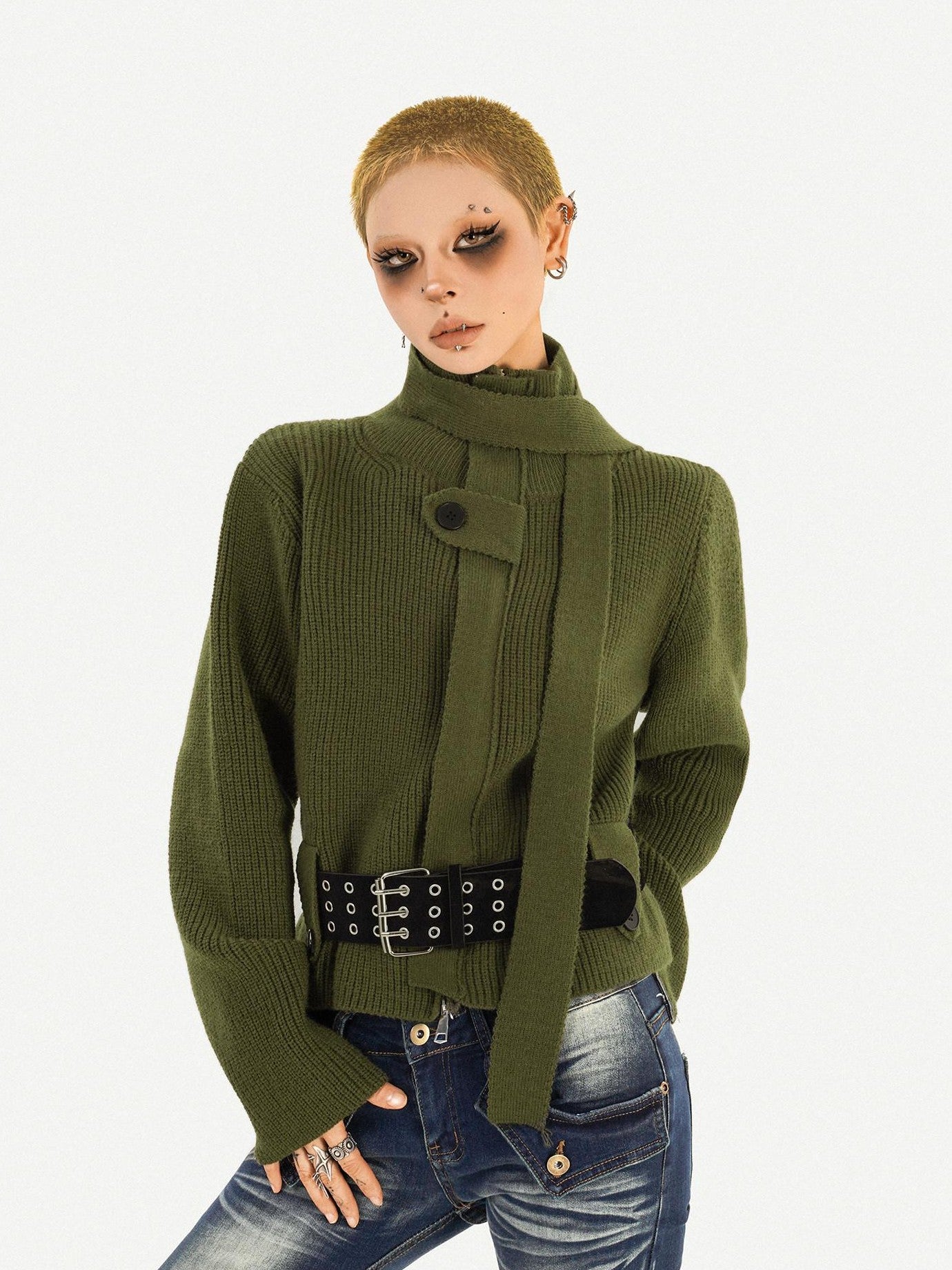 Nico Molly Deep Green Turtleneck Pullover Slim Fit Office Button Front Knit Cardigans