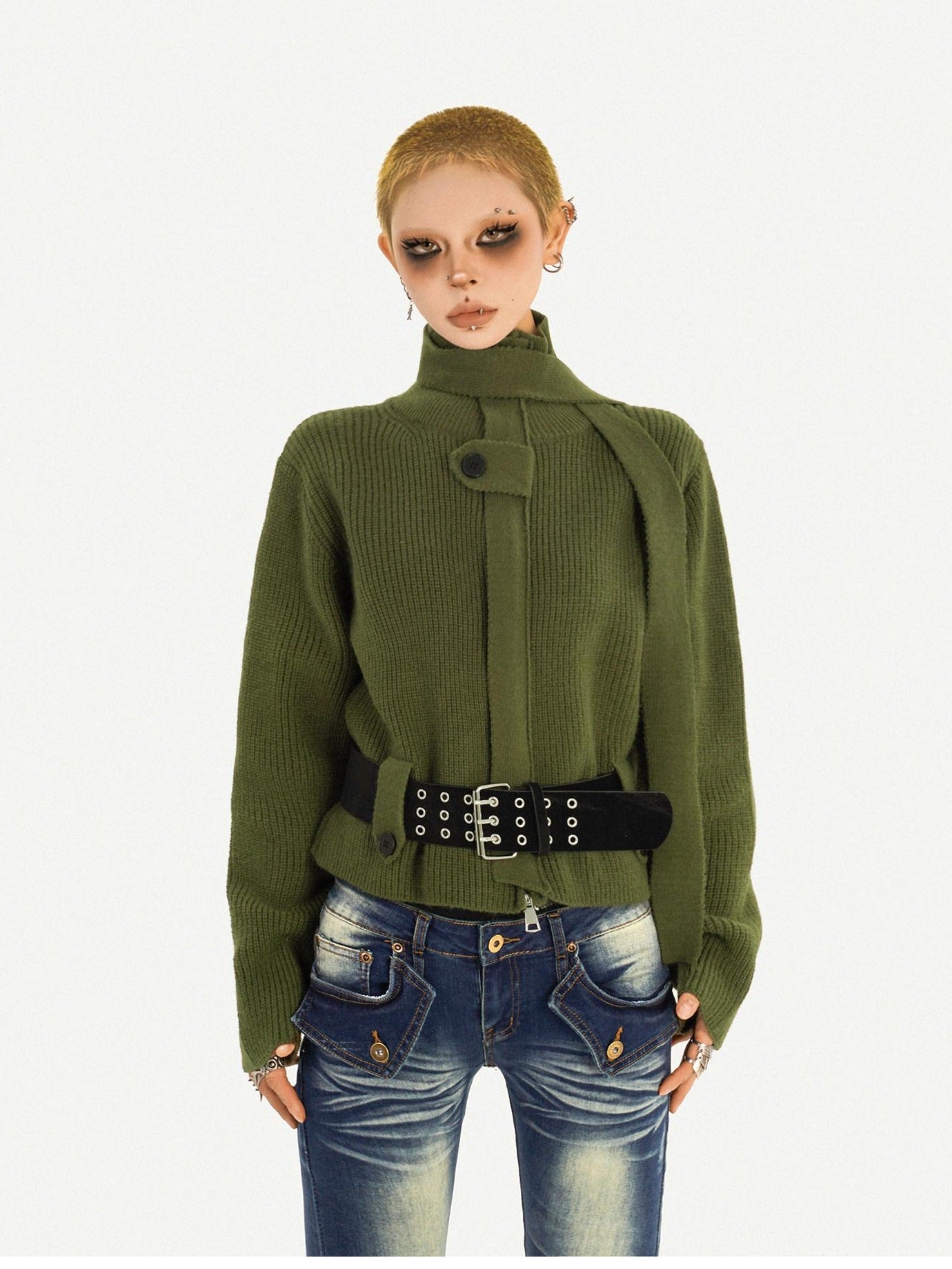 Nico Molly Deep Green Turtleneck Pullover Slim Fit Office Button Front Knit Cardigans