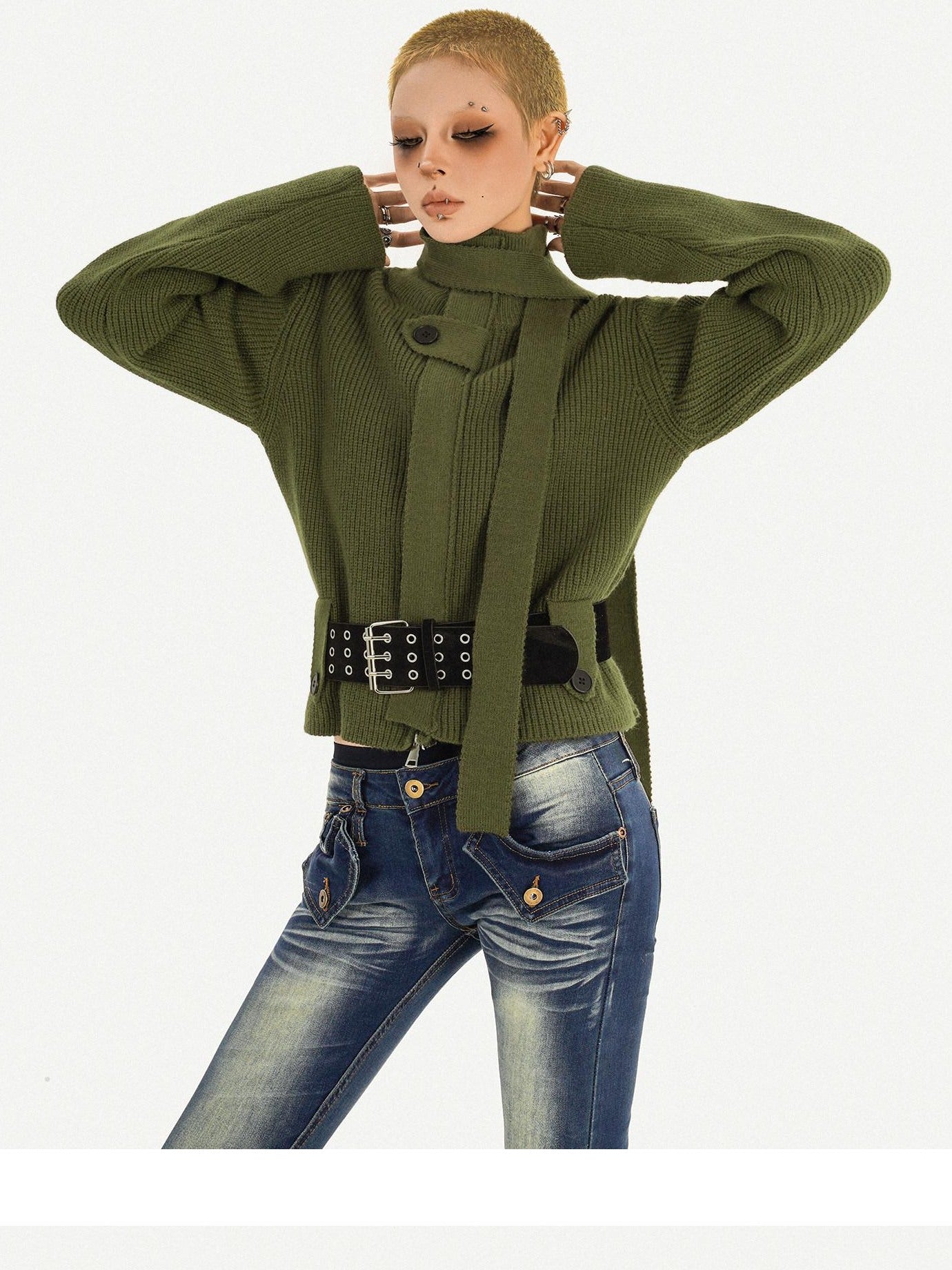 Nico Molly Deep Green Turtleneck Pullover Slim Fit Office Button Front Knit Cardigans