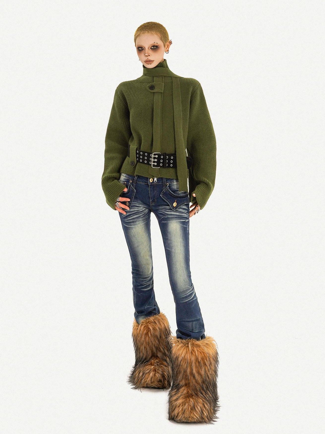 Nico Molly Deep Green Turtleneck Pullover Slim Fit Office Button Front Knit Cardigans