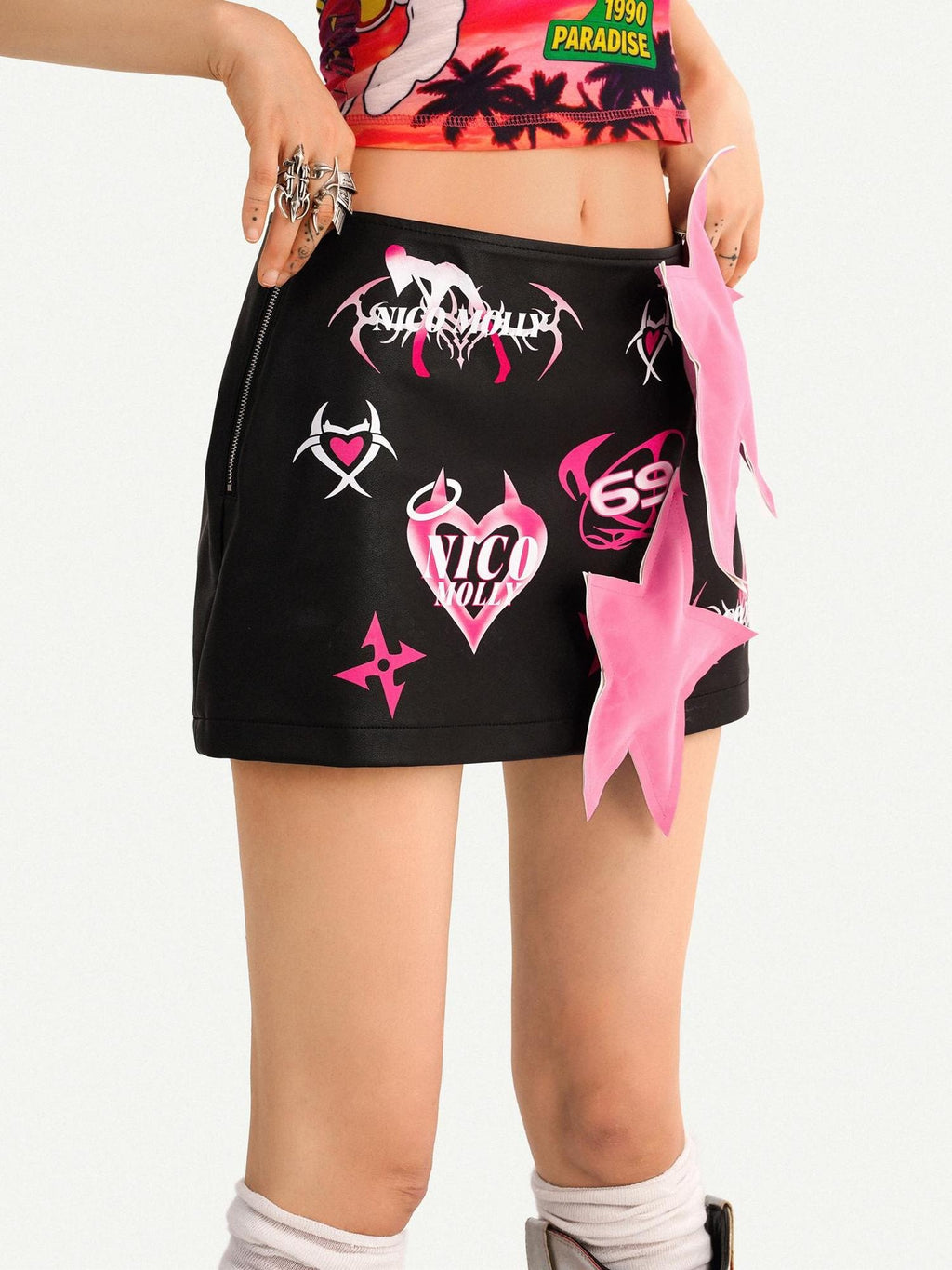 Nico Molly Distressed Low Waist Slim Fit Bodycon Women Printed Black Mini Skirts