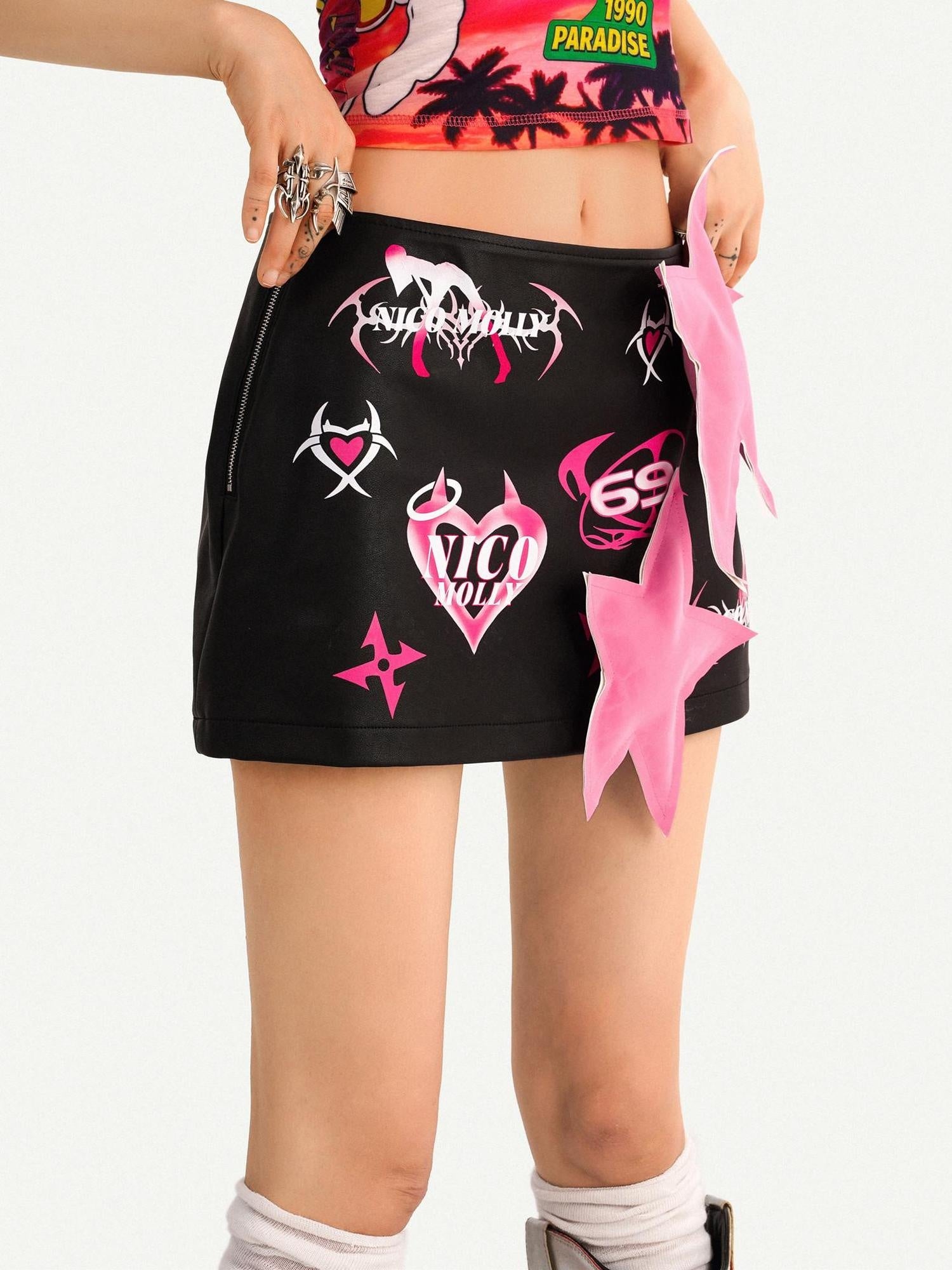 Nico Molly Distressed Low Waist Slim Fit Bodycon Women Printed Black Mini Skirts