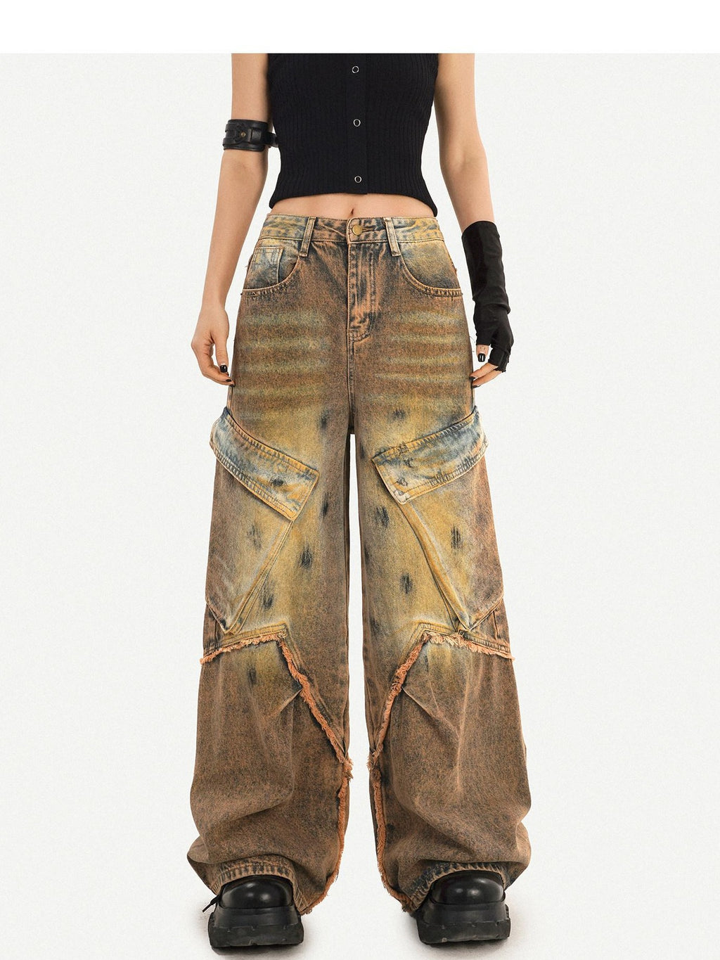 Nico Molly Distressed Natural Waist Loose Street Pocket Women Denim Wide Leg Jeans