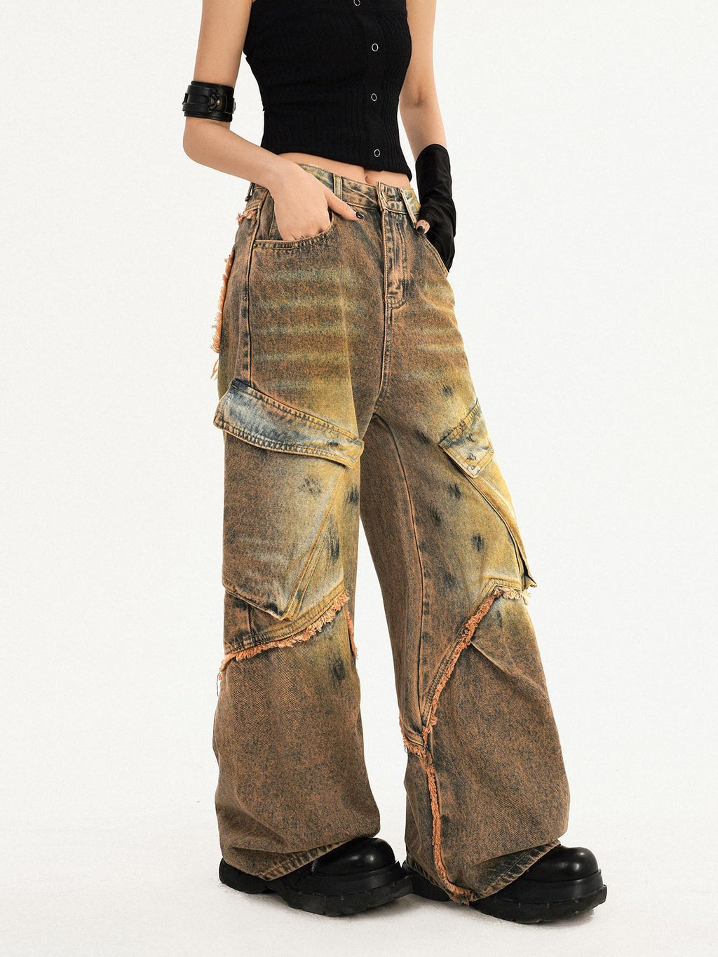 Nico Molly Distressed Natural Waist Loose Street Pocket Women Denim Wide Leg Jeans