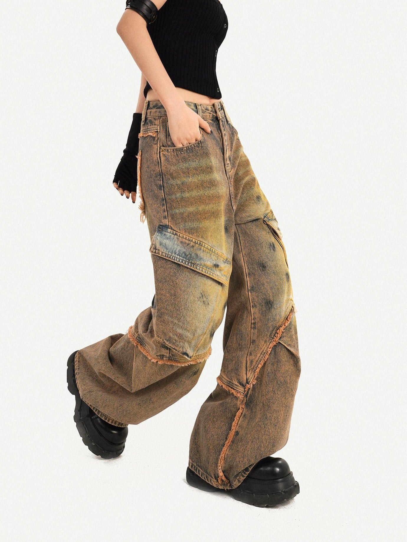 Nico Molly Distressed Natural Waist Loose Street Pocket Women Denim Wide Leg Jeans