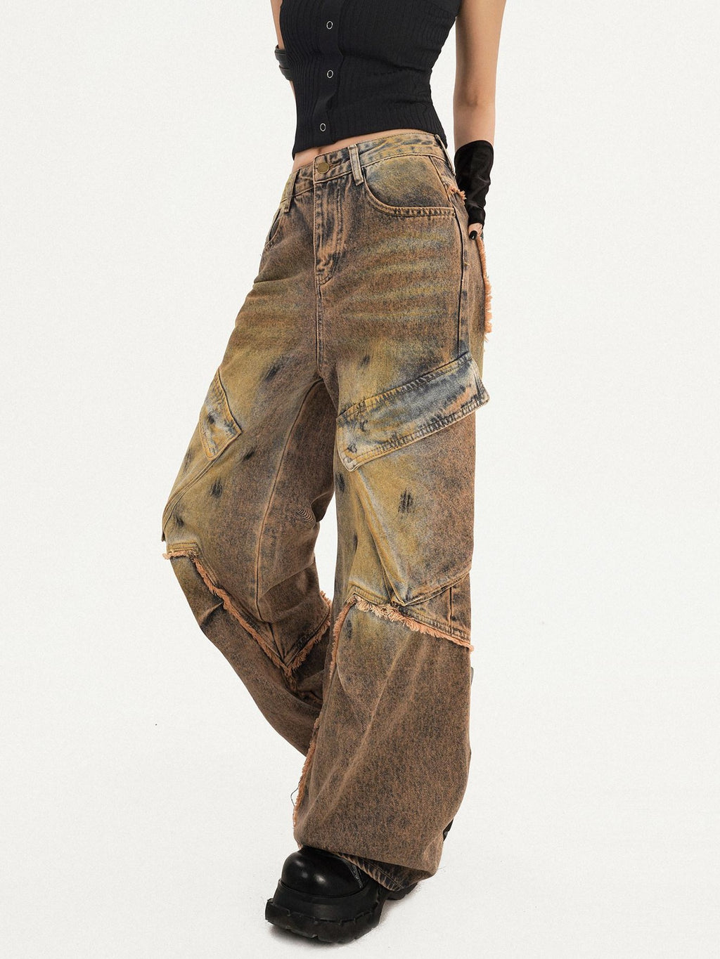 Nico Molly Distressed Natural Waist Loose Street Pocket Women Denim Wide Leg Jeans