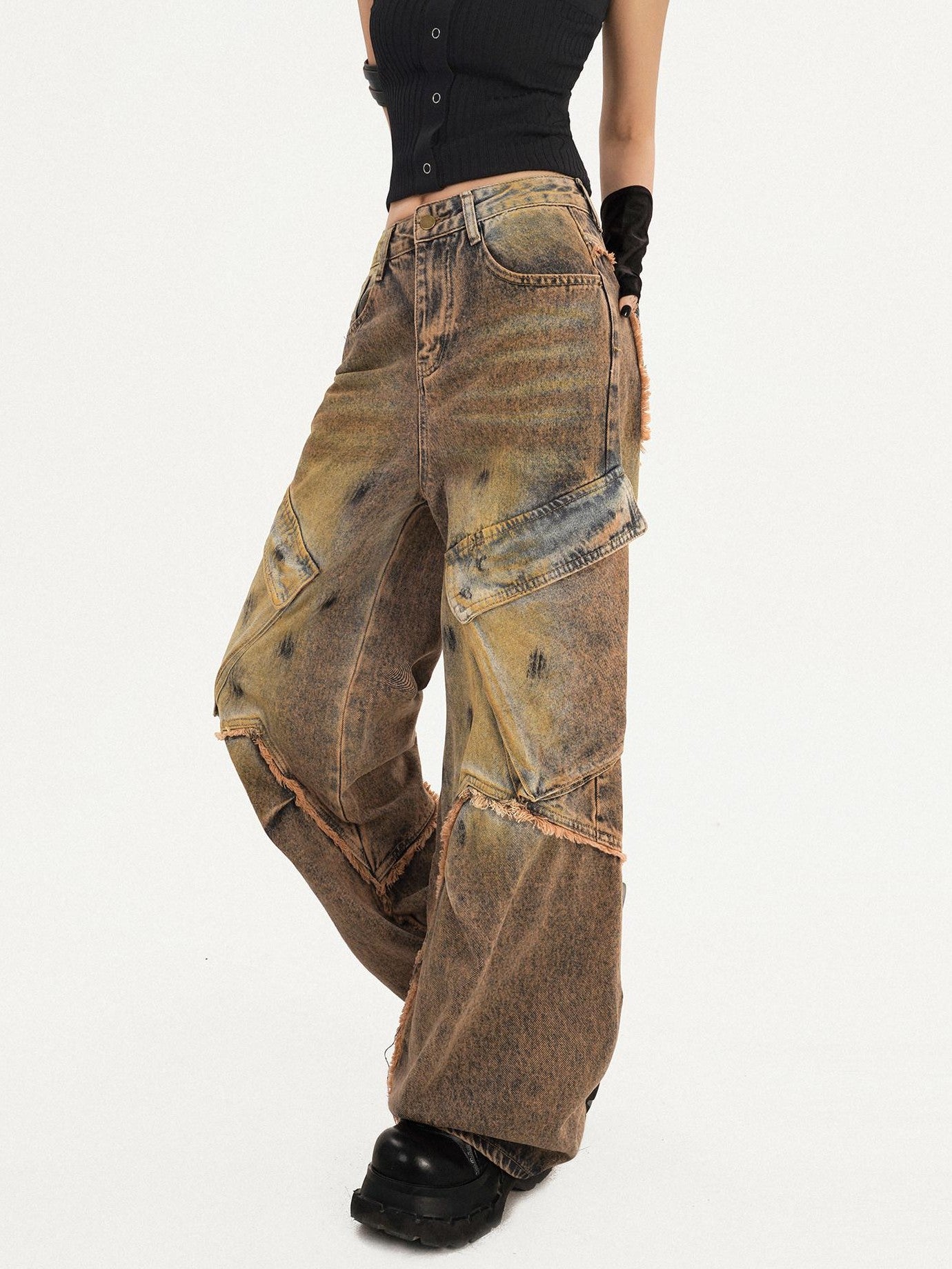 Nico Molly Distressed Natural Waist Loose Street Pocket Women Denim Wide Leg Jeans