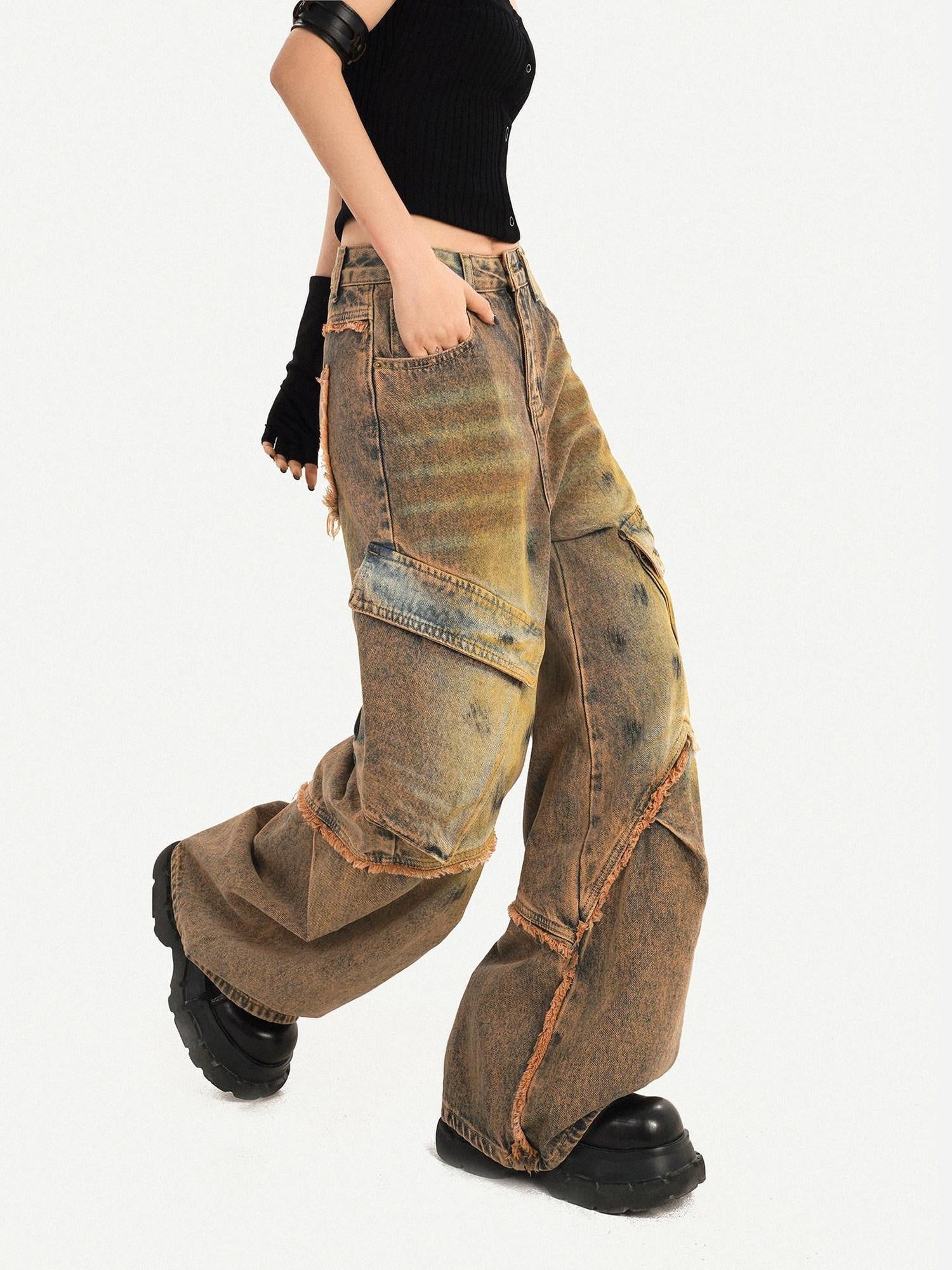 Nico Molly Distressed Natural Waist Loose Street Pocket Women Denim Wide Leg Jeans