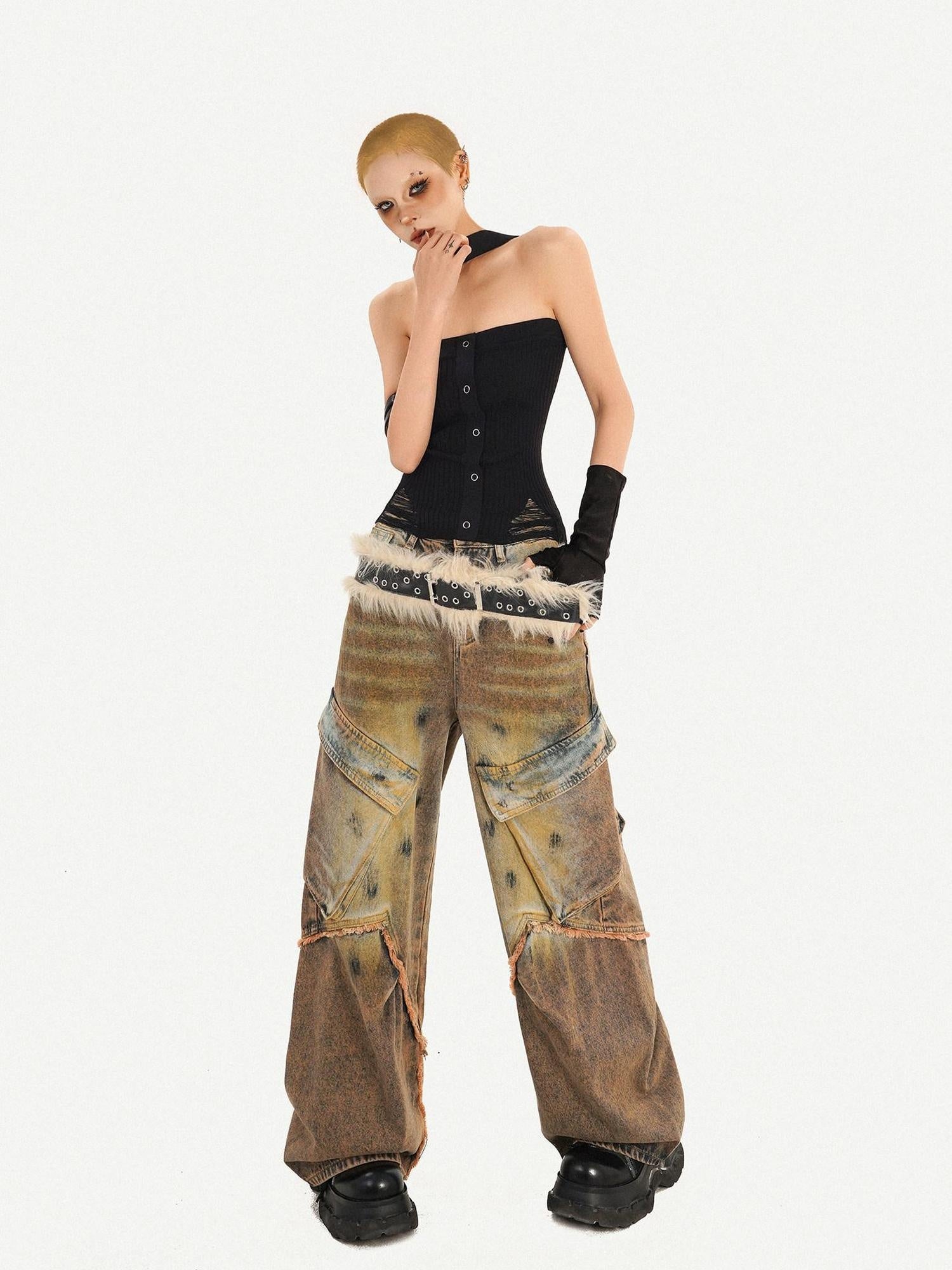 Nico Molly Distressed Natural Waist Loose Street Pocket Women Denim Wide Leg Jeans