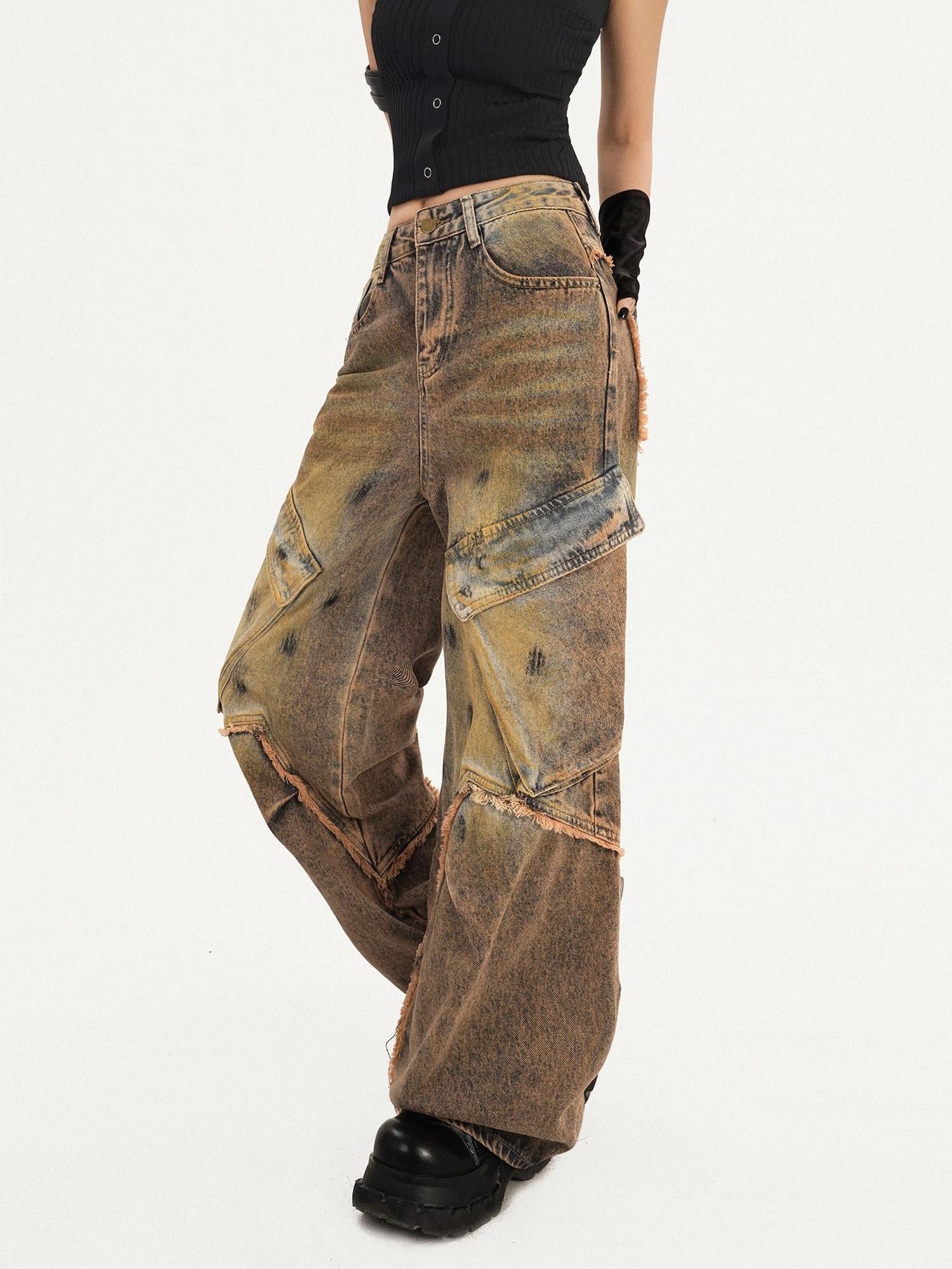 Nico Molly Distressed Natural Waist Loose Street Pocket Women Denim Wide Leg Jeans