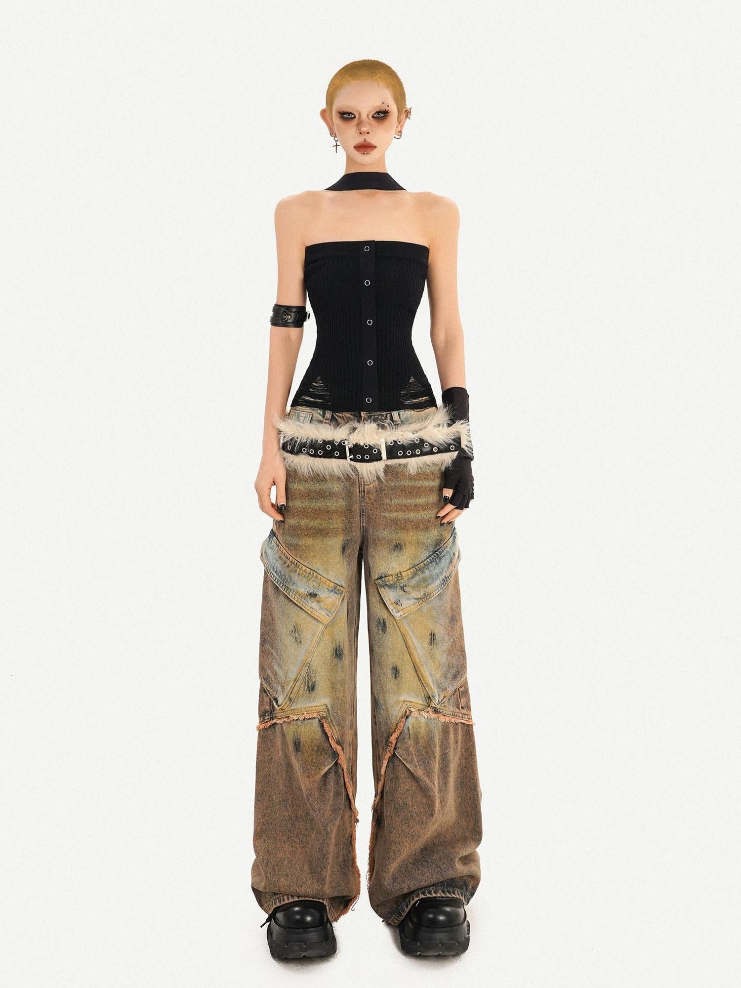 Nico Molly Distressed Natural Waist Loose Street Pocket Women Denim Wide Leg Jeans