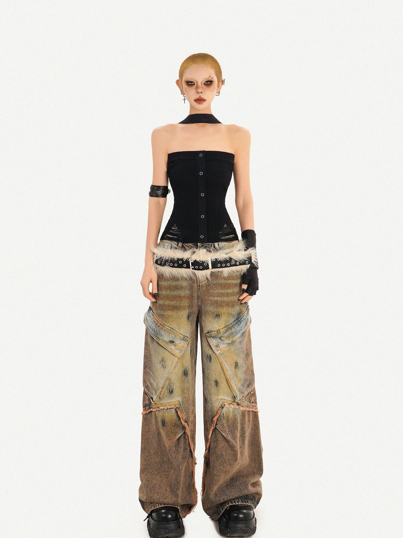 Nico Molly Distressed Natural Waist Loose Street Pocket Women Denim Wide Leg Jeans