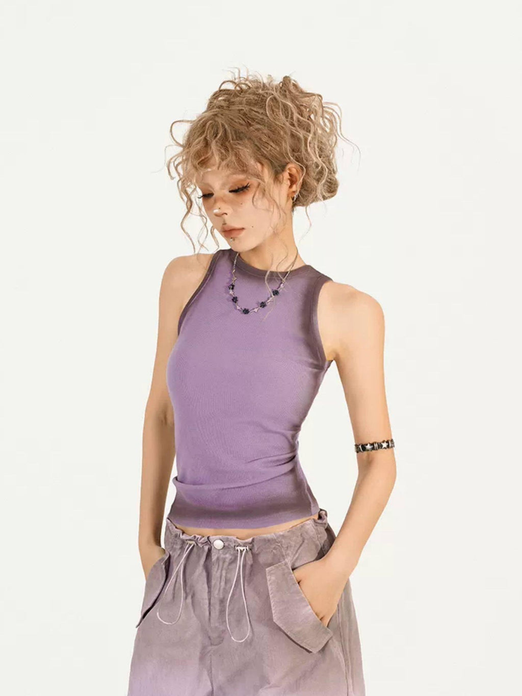 Nico Molly Distressed Street Slim Fit Unpadded Women Solid Purple Tank Tops